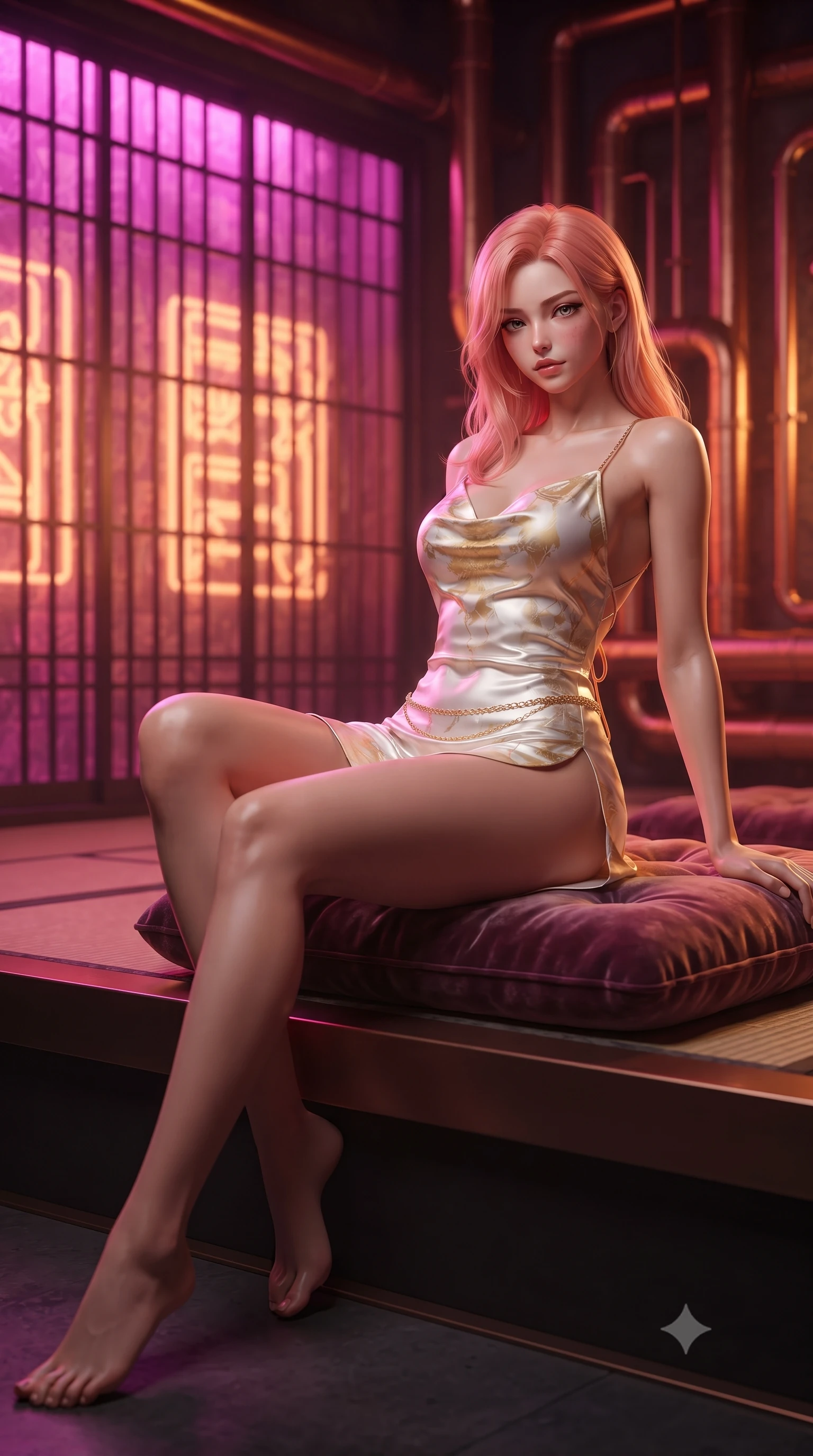 score_9, masterpiece, best quality, ultra-detailed, high-budget anime keyframe, editorial fashion photography, tasteful artistic composition, Japanese woman. low angle full-body shot from head to toe showing her feet, filling the entire 9:16 vertical frame with her statuesque presence, stretching her vertical silhouette. sitting perched on the elevated edge with hips angled toward the camera and legs crossed, displaying her toned midriff and flawlessly sculpted slender limbs while reclining languidly on a tufted velvet floor cushion propped on one elbow, her slender waist and curved hips highlighted by neon pink and amber chiaroscuro. The composition keeps background elements in soft focus with creamy bokeh. intricate glowing neon shoji screens and polished copper steam pipes blurred into hot magenta, cyber-gold, and plum bokeh. She has an exceptionally tall and slender model-like 8.5-heads proportion, an ultra-slim waist, a flat toned midriff, narrow delicate ribcage, and beautifully sculpted feminine hips creating a graceful, slim hourglass silhouette without any bulky heaviness, with impossibly long slender legs. sharp v-shaped jawline, high-bridge nose, intricate jewel-like eyes with depth, thick eyelashes, glossy parted lips with a natural sheen, intensely captivating and seductive bedroom-eyes expression, flawlessly proportioned anatomical accuracy, strict slender model proportions, natural body alignment, perfectly sculpted long slender limbs, ultra-slim waistline, clean dynamic posture without body distortion. wearing a backless cowl-neck satin slip dress featuring high-cut side hip slits and delicate criss-cross back straps in pure alabaster white and sun-kissed gold, formed from supple second-skin lambskin leather with specular sheen, accented with a delicate gold chain belt resting loosely on her curvy hips, the precision-cut side openings and low-back scoop framing her graceful spine and the sensual sweep of her slim, toned hips. bathed in vibrant magenta neon backlighting contrasting with warm amber brass furnace glow. ultra-reflective glossy finish, specular highlights, rich textural contrasts, high-contrast stereoscopic depth, volumetric dynamic lighting, 2k, ultra detail, master piece, 9:16 ratio