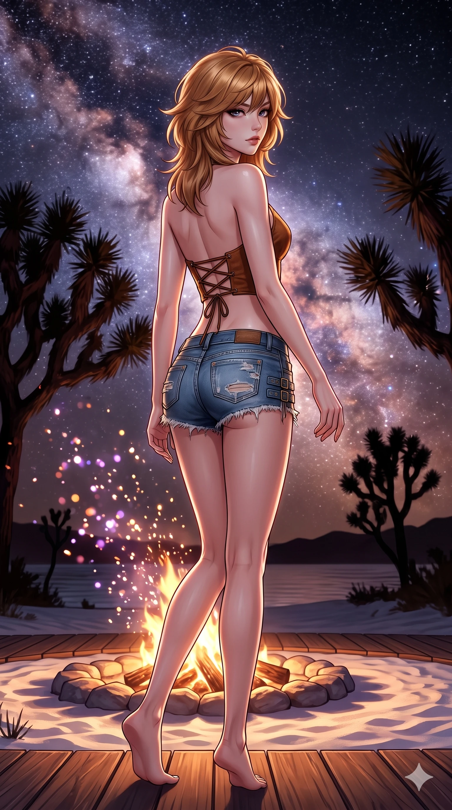 score_9, masterpiece, best quality, ultra-detailed, high-budget anime keyframe, semi-realistic 3D game render, editorial fashion photography, tasteful artistic composition, Korean woman. low angle full-body shot from head to toe showing her feet, filling the entire 9:16 vertical frame with her statuesque presence, stretching her vertical silhouette. walking along the waterfront terrace with poise, looking back over her bare shoulder with an irresistible smoldering bedroom-gaze while standing poised at the edge of the firelit circle, looking back over her shoulder with an enchanting, smoldering bedroom-gaze against the celestial cosmos. The background shows a soft-focus the dense glowing band of the Milky Way, silhouetted Joshua trees, and dancing fire sparks blurred into amethyst, amber, and diamond starlight bokeh. She has an absolutely perfect, statuesque 8.5-heads proportion, an exceptionally tall and slender model-like female figure with impossibly long slender legs, an ultra-slim waist, a flat toned midriff, narrow delicate ribcage, and beautifully sculpted feminine hips creating a graceful, slim hourglass silhouette without any bulky heaviness. sharp v-shaped jawline, high-bridge nose, sparkling eyes with hypnotic seductive depth, thick curled eyelashes, glossy parted lips with a natural dewy peach sheen, alluring bedroom-eyes with an enchanting coquettish smile, exuding magnetic siren charisma and sophisticated glamour, flawlessly proportioned anatomical accuracy, strict slender model proportions, natural body alignment, perfectly sculpted long slender limbs, ultra-slim waistline, clean dynamic posture without body distortion. wearing a backless suede halter crop top with criss-cross leather ties paired with ultra-low-rise distressed denim cutoffs in distressed whiskey leather brown and sun-bleached denim blue, crafted from rugged heavy-duty canvas and oiled leather with authentic desert durability, finished with sleek heavy-duty brass zip pulls and buckled moto straps, the form-contouring material adhering flawlessly to her sculpted flat midriff and slender torso, emphasizing her long leg lines and perfectly proportioned willowy build. illuminated by white sand ground bounce and sharp amber-violet rim lights defining her razor-sharp jawline, narrow waist, and curvy hips. highly saturated vibrant anime colors, detailed shading with soft gradients, rich glossy textures, high-contrast stereoscopic depth, volumetric dynamic lighting, master piece, 9:16 ratio