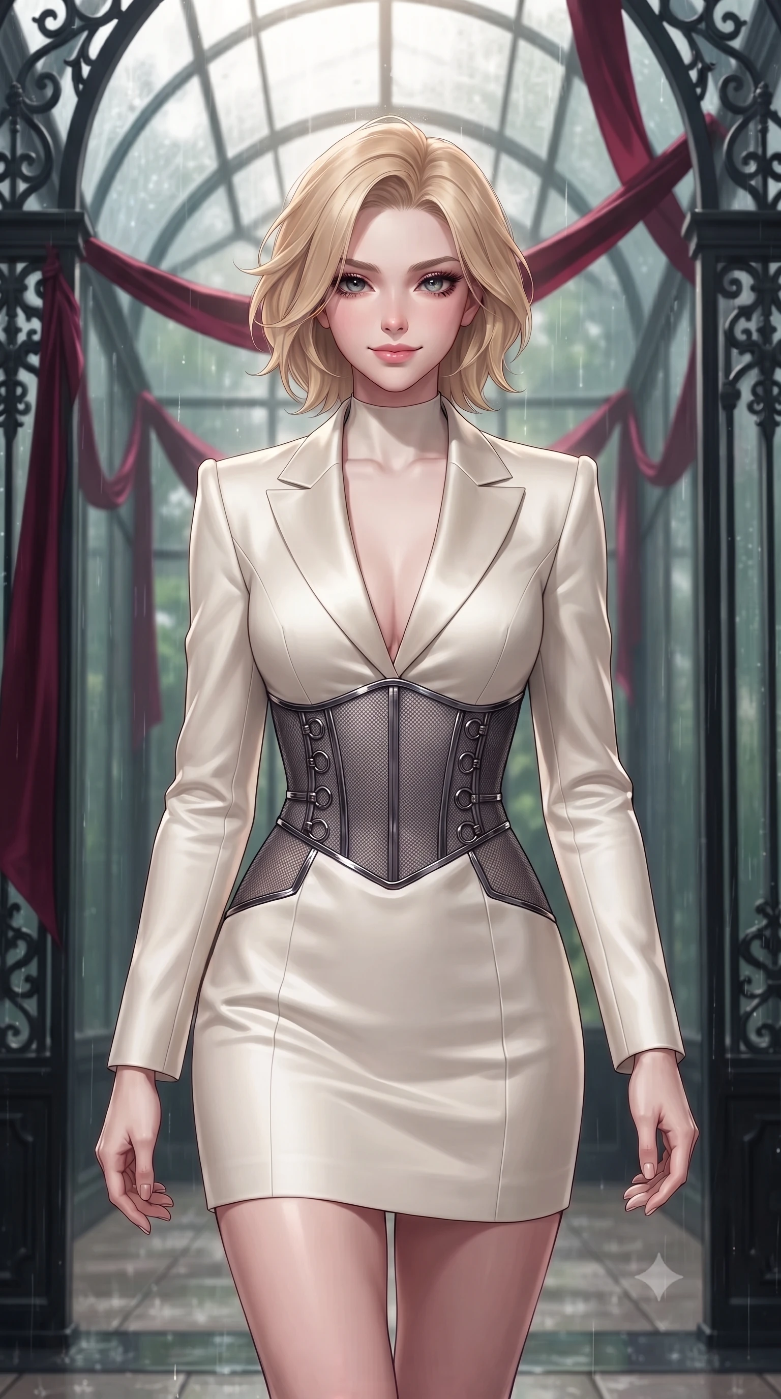 score_9, masterpiece, best quality, ultra-detailed, high-budget anime keyframe, editorial fashion photography, tasteful artistic composition, Caucasian woman. close-up cowboy shot from the waist and thighs up, the character dominates the composition, filling the frame with her large presence, background elements kept in soft focus. Smiling with quiet, magnetic self-assurance directly into the camera, walking down a glass corridor draped in heavy dark crimson silk ribbons, black iron architectural lattices framing her tall statuesque form. She has an exceptionally elegant, slender, and willowy female figure with an ultra-slim waist, a gracefully sculpted slender torso, and a refined silhouette. sharp v-shaped jawline, high-bridge nose, intricate jewel-like eyes with depth, thick eyelashes, glossy lips with a natural sheen. wearing tailored ivory tux dress with satin lapels and fitted waist in dark charcoal gray, made of fine dark contouring mesh, trimmed with dark chrome ring hardware along the waist contours, contouring every curve with an exceptionally elegant silhouette. lit by piercing key rays filtering through wet conservatory glass. highly saturated vibrant anime colors, detailed shading with soft gradients, rich glossy textures, high-contrast stereoscopic depth, volumetric dynamic lighting, master piece, 9:16 ratio
