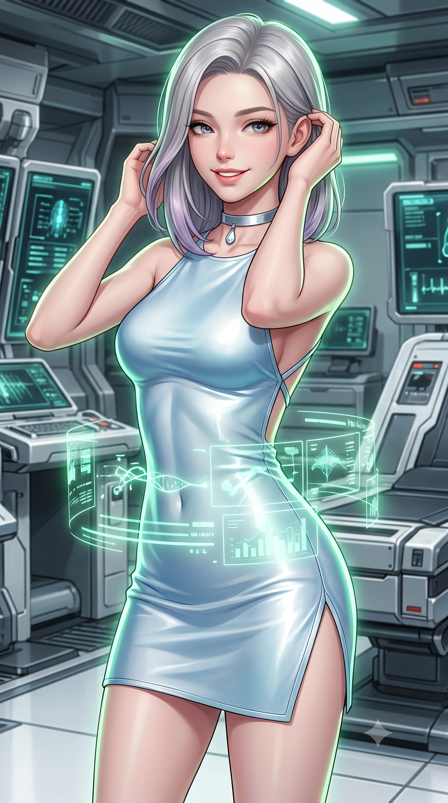 score_9, masterpiece, best quality, ultra-detailed, high-budget anime keyframe, semi-realistic 3D game render, editorial fashion photography, tasteful artistic composition, Caucasian woman. close-up cowboy shot from the waist and thighs up, the character dominates the composition, filling the frame with her large presence. gently brushing a lock of hair behind her ear while casting a playful, flirtatious side-gaze with long eyelashes while twisting her slender torso in an alluring S-curve, soft mint-green neurological telemetry streams projecting holographic charts across her flat midriff and hips. The surrounding environment is rendered in vivid detail and crisp panoramic clarity: detailed tactical officer dress lines, glossy highlights, and world-class medical tech aesthetics in high resolution. She has an exceptionally elegant, slender, and willowy female figure with an ultra-slim waist, flat toned midriff, narrow ribcage, and sculpted feminine hips creating an alluring, slim hourglass silhouette without bulk. sharp v-shaped jawline, high-bridge nose, intricate jewel-like sparkling eyes with depth, thick eyelashes, glossy parted lips with a natural peach sheen, bright cheerful beaming smile with an enchanting and coquettish sensual glint, exuding both youthful cute charm and seductive allure, flawlessly proportioned anatomical accuracy, strict slender model proportions, natural body alignment, perfectly sculpted long slender limbs, ultra-slim waistline, clean dynamic posture without body distortion. wearing a backless liquid foil flight mini dress with criss-cross spinal straps and daring high side slit in arctic cryo-glacier ice blue and platinum white, tailored from high-density tech-wool with subtle metallic thread weave, finished with a minimalist chrome choker and a single teardrop diamond pendant, the liquid-tight tailored fabric clinging flawlessly to her narrow waist and rounded feminine hips, emphasizing every millimeter of her sculpted slim hourglass curves without any bulky heaviness. illuminated by white floor reflection bounce and sharp platinum-green rim lights defining her jawline, narrow waist, and curvy hips. highly saturated vibrant anime colors, detailed shading with soft gradients, rich glossy textures, high-contrast stereoscopic depth, volumetric dynamic lighting, master piece, 9:16 ratio