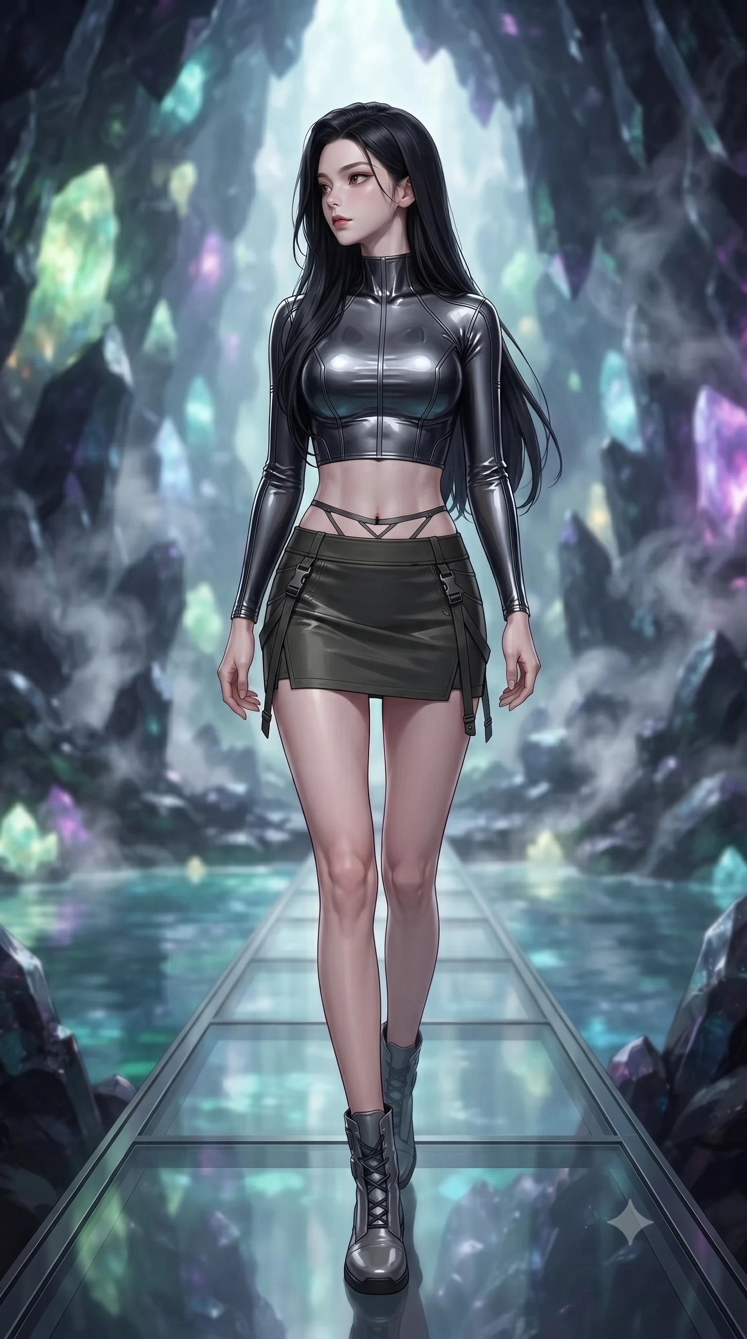 score_9, masterpiece, best quality, ultra-detailed, high-budget anime keyframe, editorial fashion photography, tasteful artistic composition, Korean woman. low angle full-body shot from head to toe showing her feet, filling the entire 9:16 vertical frame with her statuesque presence, stretching her vertical silhouette. walking slowly along a glass skybridge, looking back over her shoulder with an air of effortless grace, the background shows a soft-focus a mineral water pool inside a geode cave, with steam rising around rocks. She has an absolutely perfect, statuesque 8.5-heads proportion, an exceptionally tall and slender model-like female figure with impossibly long slender legs and an ultra-slim waist. sharp v-shaped jawline, high-bridge nose, intricate jewel-like eyes with depth, thick eyelashes, glossy lips with a natural sheen. wearing a body-hugging modern carbon-alloy crop top paired with a low-rise tactical skirt and a subtle waist cut-out. soft flickering light from glowing lichen reflecting off the water surface. ultra-reflective glossy finish, specular highlights, metallic sheen, high-contrast stereoscopic depth, volumetric dynamic lighting, 2k, ultra detail, master piece, 9:16 ratio
