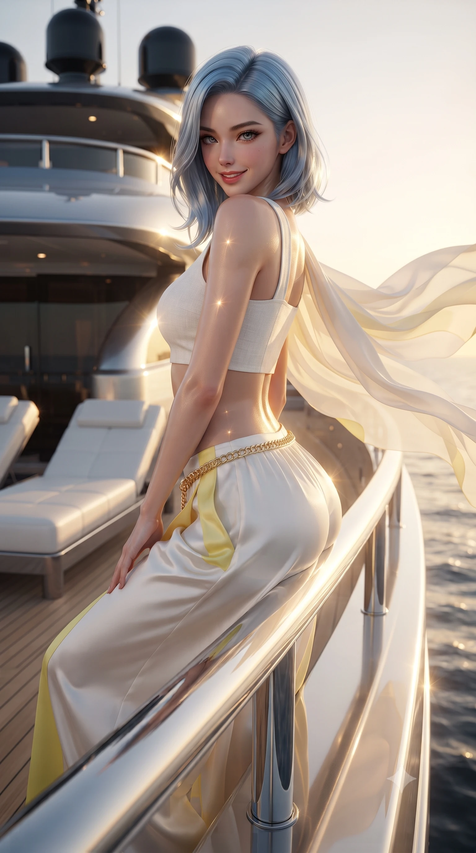 score_9, masterpiece, best quality, ultra-detailed, high-budget anime keyframe, editorial fashion photography, tasteful artistic composition, Korean woman. close-up cowboy shot from the waist and thighs up, the character dominates the composition, filling the frame with her large presence. twisting her slender torso in a deep contrapposto stance, hips dramatically shifted to accentuate her feminine curves while looking past her shoulder with smoldering bedroom-eyes while perching on the chrome stern railing of a luxury superyacht with hips angled toward the sunset, looking back over her shoulder with an intoxicating smile. The composition keeps background elements in soft focus with creamy bokeh. sleek yacht superstructure and white leather loungers softened in dreamy cinematic focus. She has an exceptionally elegant, slender, and willowy female figure with an ultra-slim waist, a gracefully sculpted slender torso, toned flat midriff, and rounded feminine hips creating an alluring hourglass silhouette. sharp v-shaped jawline, high-bridge nose, intricate jewel-like eyes with depth, thick eyelashes, glossy parted lips with a natural sheen, intensely captivating and seductive bedroom-eyes expression, flawlessly proportioned anatomical accuracy, strict slender model proportions, natural body alignment, perfectly sculpted long slender limbs, ultra-slim waistline, clean dynamic posture without body distortion. wearing a tailored white linen crop top paired with low-slung flowing silk palazzo pants and a gold chain belt in pure alabaster white and lemon yellow accents, crafted from breathable crinkled linen and lightweight modal knit, complemented by a breezy silk chiffon shawl billowing in the sea wind, the liquid-tight tailored fabric clinging flawlessly to her narrow waist and rounded feminine hips, emphasizing every millimeter of her sculpted hourglass curves during movement. illuminated by glowing specular sun glints defining her sculpted collarbones, ultra-slim waist, and curvy hips. ultra-reflective glossy finish, specular highlights, rich textural contrasts, high-contrast stereoscopic depth, volumetric dynamic lighting, 2k, ultra detail, master piece, 9:16 ratio