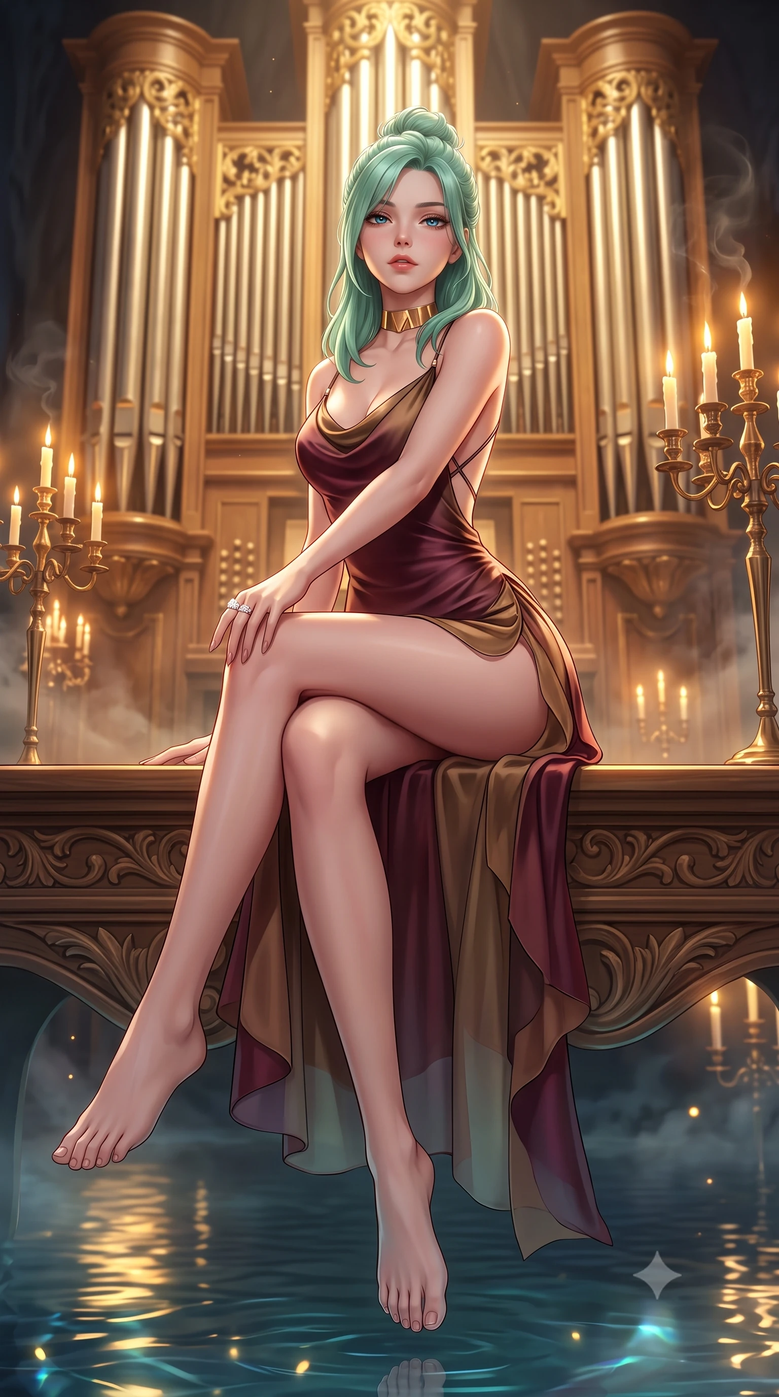 score_9, masterpiece, best quality, ultra-detailed, high-budget anime keyframe, semi-realistic 3D game render, editorial fashion photography, tasteful artistic composition, Japanese woman. low angle full-body shot from head to toe showing her feet, filling the entire 9:16 vertical frame with her statuesque presence, stretching her vertical silhouette. sitting perched on the elevated edge with hips angled toward the camera and legs crossed, displaying her toned midriff and flawlessly sculpted slender limbs while standing poised before a colossal gold-leaf pipe organ, twisting her slender torso in an alluring S-curve with smoldering gothic bedroom-eyes. The composition keeps background elements in soft focus with creamy bokeh. drifting cavern mist and candelabra wax smoke catching glowing amber light motes. She has an exceptionally tall and slender model-like 8.5-heads proportion, an ultra-slim waist, a flat toned midriff, narrow delicate ribcage, and beautifully sculpted feminine hips creating a graceful, slim hourglass silhouette without any bulky heaviness, with impossibly long slender legs. sharp v-shaped jawline, high-bridge nose, intricate jewel-like eyes with depth, thick eyelashes, glossy parted lips with a natural sheen, intensely captivating and seductive bedroom-eyes expression, flawlessly proportioned anatomical accuracy, strict slender model proportions, natural body alignment, perfectly sculpted long slender limbs, ultra-slim waistline, clean dynamic posture without body distortion. wearing a backless cowl-neck satin slip dress featuring high-cut side hip slits and delicate criss-cross back straps in deep wine burgundy and antique bronze, woven from layered gossamer chiffon with a weightless sweeping drape, complemented by a bold geometric choker and sparkling cocktail ring, the second-skin form-contouring cut accentuating her sculpted flat midriff, narrow delicate ribcage, and gracefully curvy hips with supermodel precision. bathed in warm golden candelabra flicker from all sides and soft subterranean lake water reflections. highly saturated vibrant anime colors, detailed shading with soft gradients, rich glossy textures, high-contrast stereoscopic depth, volumetric dynamic lighting, master piece, 9:16 ratio