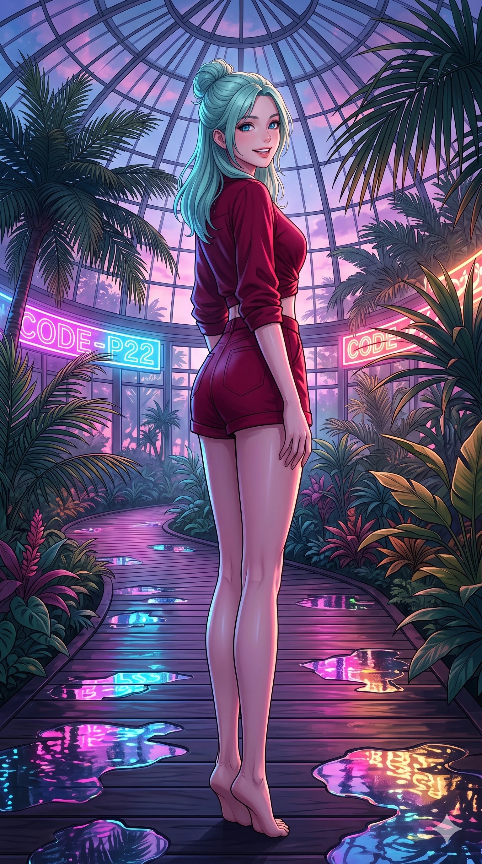 score_9, masterpiece, best quality, ultra-detailed, high-budget anime keyframe, vibrant anime aesthetic, Japanese woman. low angle full-body shot from head to toe showing her feet, filling the entire 9:16 vertical frame with her statuesque presence, stretching her vertical silhouette. She is looking over her shoulder, smiling cheerfully at the viewer, with a bright, joyful gaze under the glass conservatory dome. on a wooden boardwalk winding through a botanical garden greenhouse filled with exotic palms, under a glass dome (Code-P22-043). She has an absolutely perfect 8-heads proportion, an exceptionally tall and slender female figure with impossibly long slender legs and an ultra-slim waist. V-shaped jawline, high-bridge nose, intricate jewel-like eyes with depth, thick eyelashes, glossy lips with a natural sheen. wearing a cropped wrap shirt and high-waisted shorts in deep crimson. She is lit by bright neon light reflections in water puddles, creating a glowing twilight aura, casting soft shadows that enhance her features in the cozy indoor garden. 2k, ultra detail, master piece, 9:16 ratio