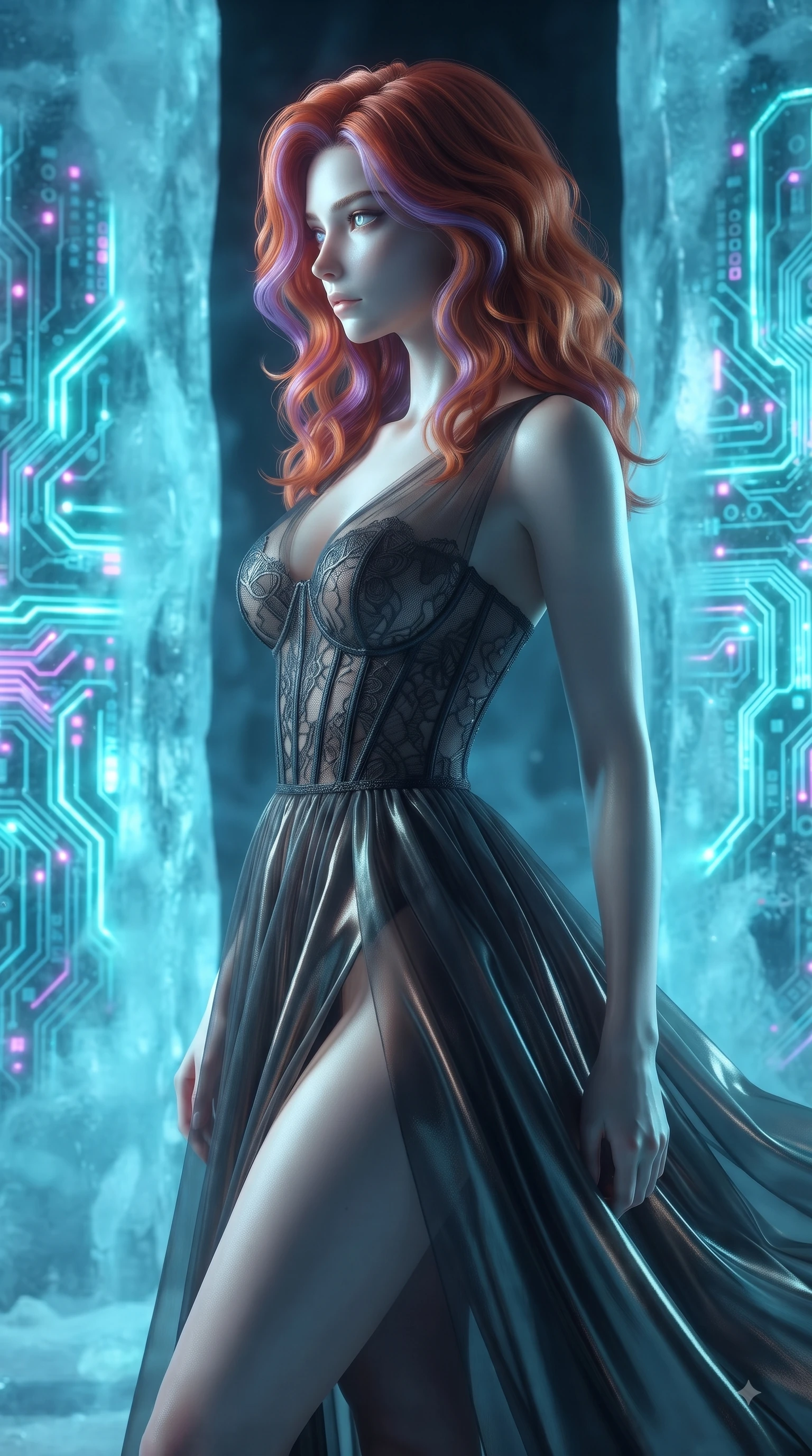score_9, masterpiece, best quality, ultra-detailed, high-budget anime keyframe, editorial fashion photography, tasteful artistic composition, Caucasian woman woman. close-up cowboy shot from the waist and thighs up, the character dominates the composition, filling the frame with her large presence, background elements kept in soft focus. She has an exceptionally elegant, slender, and willowy female figure with an ultra-slim waist, a gracefully sculpted slender torso, and a refined silhouette. turning her head in a sharp dramatic profile against the key light, her eyes glowing with calm focus, flawlessly proportioned anatomical accuracy, natural body alignment, perfectly sculpted elegant limbs, clean dynamic posture without body distortion. set against a soft-focus background of frozen ice columns embedded with pulsing neon circuit boards. wearing a dark sheer tulle evening gown with an intricate lace corset and daring thigh-high slit. bathed in glowing cyan light radiating from sub-zero circuit runes with cool ambient backdrops. ultra-reflective glossy finish, specular highlights, metallic sheen, high-contrast stereoscopic depth, volumetric dynamic lighting, 2k, ultra detail, master piece, 9:16 ratio