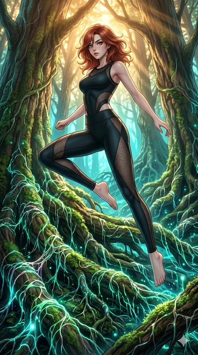 score_9, masterpiece, best quality, ultra-detailed, high-budget anime keyframe, Japanese woman. low angle full-body shot filling the entire 9:16 frame with her statuesque presence, stretching the vertical silhouette. jumping amidst giant ancient tree