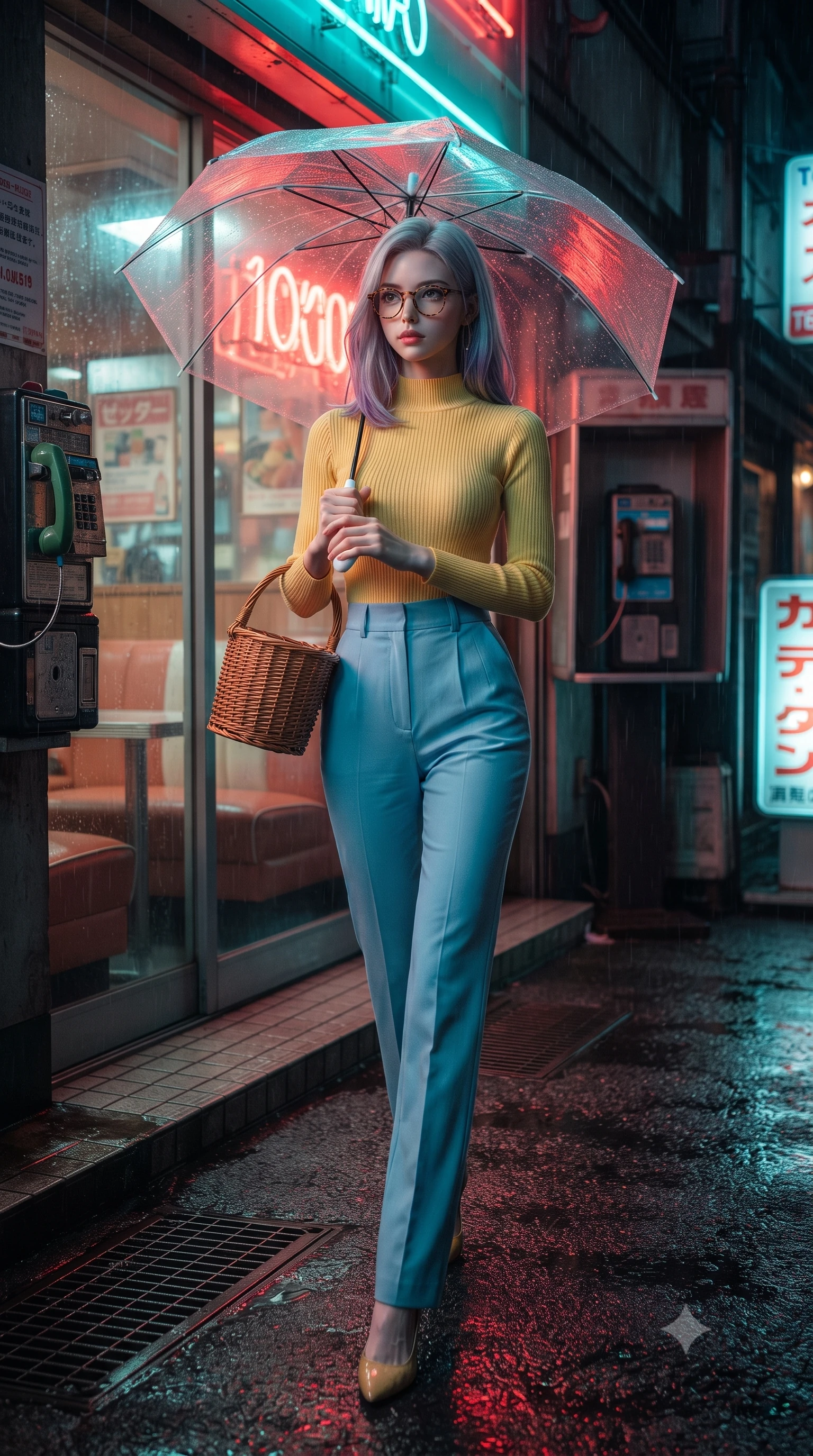 score_9, masterpiece, best quality, ultra-detailed, high-budget anime keyframe, editorial fashion photography, tasteful artistic composition, Caucasian woman. low angle full-body shot from head to toe showing her feet, filling the entire 9:16 vertical frame with her statuesque presence, stretching her vertical silhouette. stepping forward gracefully in mid-motion, displaying her toned flat midriff and flawlessly sculpted slender limbs while strolling along a rain-drenched 1990s Tokyo neon back-alley, holding a transparent umbrella that catches vivid reflections. The surrounding environment is rendered in vivid detail and crisp panoramic clarity. detailed vintage diner booth interiors visible through glass, telephone coin slots, and drain grates in high clarity. She has an absolutely perfect, statuesque 8.5-heads proportion, an exceptionally tall and slender model-like female figure with impossibly long slender legs, a toned flat midriff, and an ultra-slim waist. sharp v-shaped jawline, high-bridge nose, intricate jewel-like eyes with depth, thick eyelashes, glossy lips with a natural sheen, captivating and magnetic expression, flawlessly proportioned anatomical accuracy, strict slender model proportions, natural body alignment, perfectly sculpted long slender limbs, ultra-slim waistline, clean dynamic posture without body distortion. wearing a stylish retro suede trench coat over a fitted mock-neck knit top and high-waist tailored slacks in sunny retro canary yellow and sky blue, made of crisp lightweight vintage crinkle nylon, accessorized with a rustic woven wicker basket bag and round tortoiseshell glasses, the glove-like aerodynamic second-skin fit tightly clinging to her ultra-slender waist and athletic curves without adding bulk, accentuating her razor-sharp statuesque lines and slim hourglass silhouette. bathed in rich neon red and cyan streetlamp glow bouncing off wet asphalt surfaces. ultra-reflective glossy finish, specular highlights, rich textural contrasts, high-contrast stereoscopic depth, volumetric dynamic lighting, 2k, ultra detail, master piece, 9:16 ratio