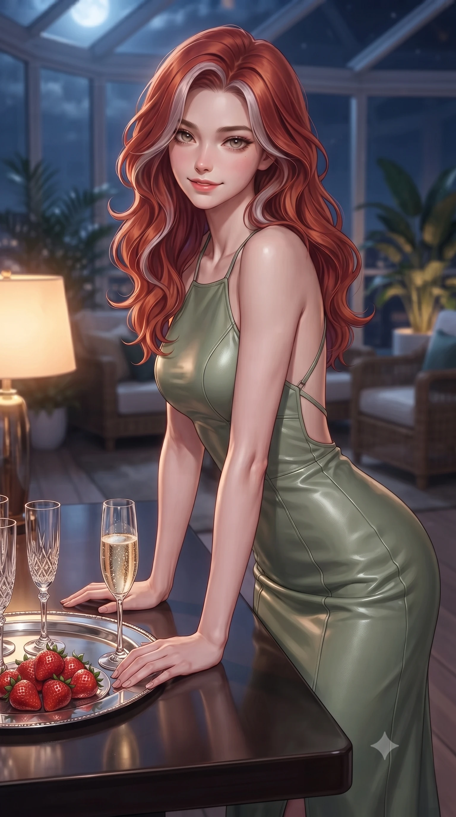 score_9, masterpiece, best quality, ultra-detailed, high-budget anime keyframe, editorial fashion photography, tasteful artistic composition, Caucasian woman. close-up cowboy shot from the waist and thighs up, the character dominates the composition, filling the frame with her large presence, background elements kept in soft focus. leaning slightly forward over the table with a playful, magnetic smile that locks direct eye contact set against a soft-focus background of inside an exclusive solarium deck with a crystal glass of sparkling champagne and fresh strawberries on a silver tray. She has an exceptionally elegant, slender, and willowy female figure with an ultra-slim waist, a gracefully sculpted slender torso, and a refined silhouette. sharp v-shaped jawline, high-bridge nose, intricate jewel-like eyes with depth, thick eyelashes, glossy lips with a natural sheen. wearing form-contouring sage green glossy leather backless linen halter dress featuring delicate straps and a draped open-back design featuring refined tailored seams. illuminated by soft silver moonlight contrasting with the warm amber glow of a nearby lamp. highly saturated vibrant anime colors, detailed shading with soft gradients, rich glossy textures, high-contrast stereoscopic depth, volumetric dynamic lighting, master piece, 9:16 ratio