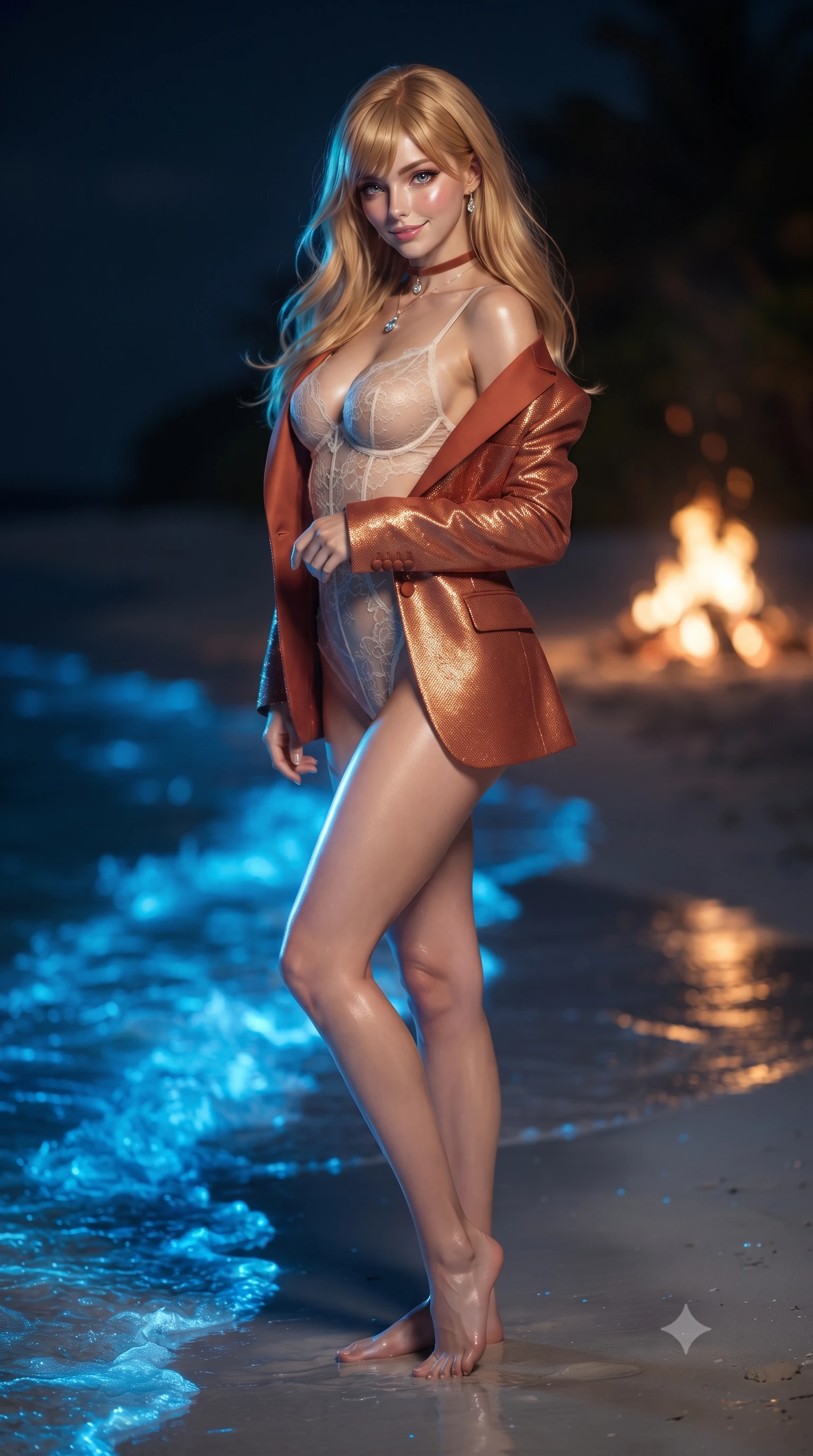 score_9, masterpiece, best quality, ultra-detailed, high-budget anime keyframe, editorial fashion photography, tasteful artistic composition, Caucasian woman. low angle full-body shot from head to toe showing her feet, filling the entire 9:16 vertical frame with her statuesque presence, stretching her vertical silhouette. posing in a classic haute-couture S-curve stance beside the floor-to-ceiling window, looking over a bare shoulder with magnetic presence while standing poised on the wet shoreline where breaking waves glow with surreal neon electric-blue bioluminescent plankton, arching her spine with supernatural siren grace. The background shows a soft-focus flickering beach campfire embers softened in magical Maldivian nocturnal beach shallow focus. She has an exceptionally tall and slender model-like 8.5-heads proportion, an ultra-slim waist, a flat toned midriff, narrow delicate ribcage, and beautifully sculpted feminine hips creating a graceful, slim hourglass silhouette without any bulky heaviness, with impossibly long slender legs. sharp v-shaped jawline, high-bridge nose, intricate jewel-like sparkling eyes with depth, thick eyelashes, glossy parted lips with a natural peach sheen, bright cheerful beaming smile with an enchanting and coquettish sensual glint, exuding both youthful cute charm and seductive allure, flawlessly proportioned anatomical accuracy, strict slender model proportions, natural body alignment, perfectly sculpted long slender limbs, ultra-slim waistline, clean dynamic posture without body distortion. wearing a delicate sheer French Chantilly lace teddy layered under an open tailored tuxedo blazer draped over bare shoulders in Florentine Renaissance Medici terracotta and warm gilded ochre, crafted from stretch micro-mesh with liquid foil coating that shimmers with every movement, finished with a thin velvet ribbon choker and a single teardrop diamond pendant, the form-contouring silhouette accentuating her sculpted flat midriff, narrow delicate ribcage, and gracefully curvy hips with intoxicating allure. illuminated by glowing wet sand reflection sheen and sharp neon-blue and gold dual rim lights defining her dewy collarbones, ultra-slim waist, and curvy hips. ultra-reflective glossy finish, specular highlights, rich textural contrasts, high-contrast stereoscopic depth, volumetric dynamic lighting, 2k, ultra detail, master piece, 9:16 ratio