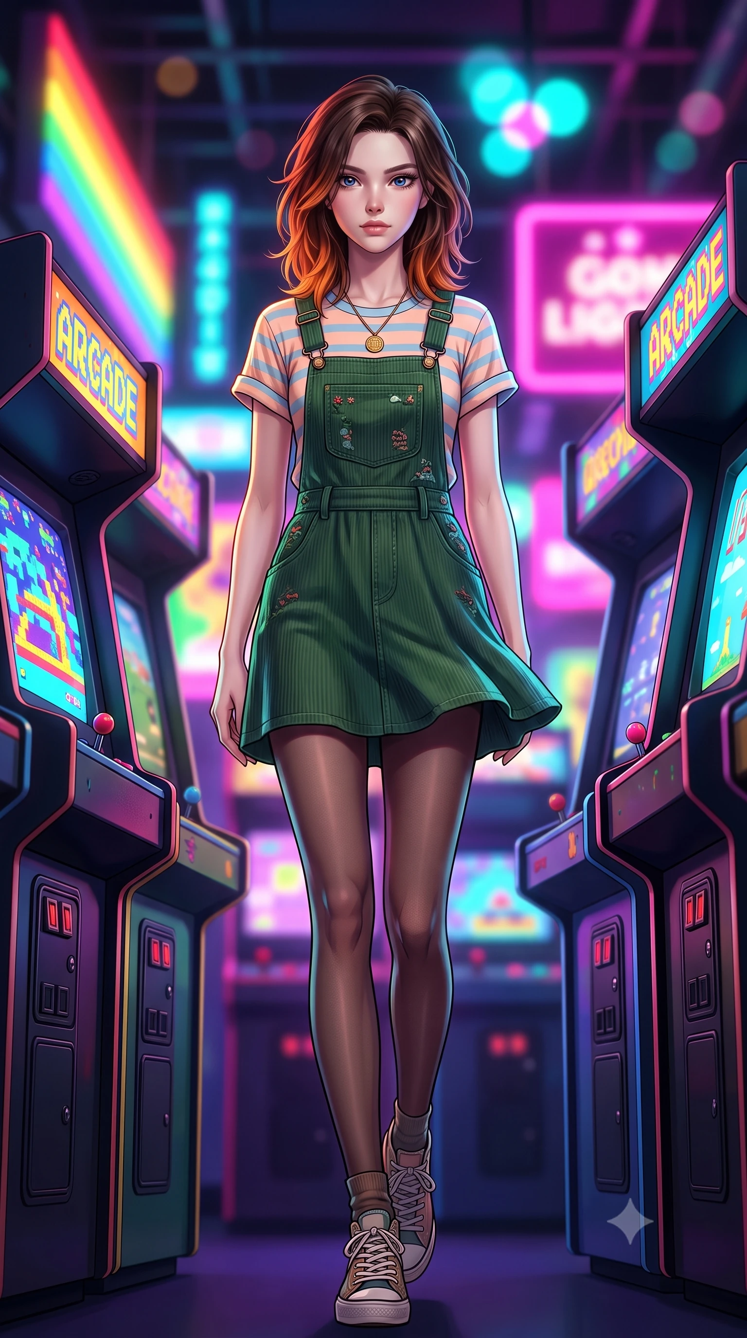 score_9, masterpiece, best quality, ultra-detailed, high-budget anime keyframe, semi-realistic 3D game render, editorial fashion photography, tasteful artistic composition, Korean woman. low angle full-body shot from head to toe showing her feet, filling the entire 9:16 vertical frame with her statuesque presence, stretching her vertical silhouette. striding forward in a proud, dynamic supermodel runway stride, her statuesque vertical silhouette commanding the entire frame while pivoting dynamically between colorful arcade cabinets as 8-bit CRT screens flash vibrant pixel art across her stylish outfit. The composition keeps background elements in soft focus with creamy bokeh. flashing CRT arcade screens and glowing marquee game titles blurred into radiant rainbow, electric pink, and cyan bokeh. She has an absolutely perfect, statuesque 8.5-heads proportion, an exceptionally tall and slender model-like female figure with impossibly long slender legs, a toned flat midriff, and an ultra-slim waist. sharp v-shaped jawline, high-bridge nose, intricate jewel-like eyes with depth, thick eyelashes, glossy lips with a natural sheen, captivating and magnetic expression, flawlessly proportioned anatomical accuracy, strict slender model proportions, natural body alignment, perfectly sculpted long slender limbs, ultra-slim waistline, clean dynamic posture without body distortion. wearing a vintage corduroy dungaree dress layered over a pastel striped baby-tee with rolled cuffs in soft peach and French sky blue, woven from soft breathable linen that flutters gently with every step, accented with a vintage gold coin pendant necklace and dark sheer tights, the breezy yet form-flattering drape swaying gracefully with her steps, accentuating her long willowy limbs and slim waistline. bathed in multicolored arcade screen glows and vibrant neon alleyway downlights. highly saturated vibrant anime colors, detailed shading with soft gradients, rich glossy textures, high-contrast stereoscopic depth, volumetric dynamic lighting, master piece, 9:16 ratio