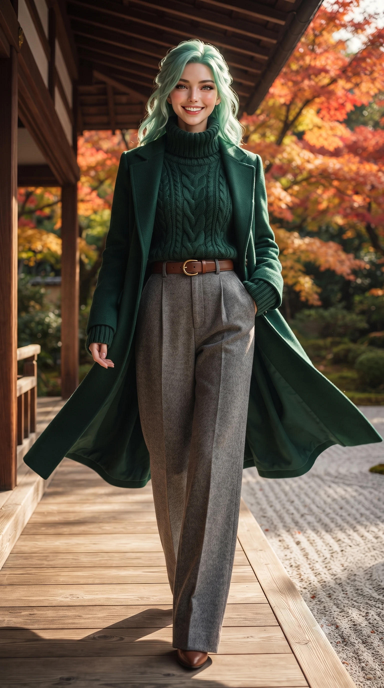 score_9, masterpiece, best quality, ultra-detailed, high-budget anime keyframe, editorial fashion photography, tasteful artistic composition, Japanese woman. low angle full-body shot from head to toe showing her feet, filling the entire 9:16 vertical frame with her statuesque presence, stretching her vertical silhouette. stepping forward gracefully in mid-motion with a radiant beaming smile, her long tailored coat fluttering around her slender legs while walking along the exterior wooden gallery overlooking raked white gravel and flaming crimson maple leaves, her tailored coat flowing with poise. The surrounding environment is rendered in vivid detail and crisp panoramic clarity: sharp fine grain on polished hinoki cypress veranda planks, precise raked lines in granite sand, and maple leaf serrations in deep focus. She has an exceptionally tall and slender model-like 8.5-heads proportion, an ultra-slim waist, a flat toned midriff, narrow delicate ribcage, and beautifully sculpted feminine hips creating a graceful, slim hourglass silhouette without any bulky heaviness, with impossibly long slender legs. sharp v-shaped jawline, high-bridge nose, intricate jewel-like sparkling eyes with depth, thick eyelashes, glossy parted lips with a natural peach sheen, bright cheerful beaming smile with an enchanting and coquettish sensual glint, exuding both youthful cute charm and seductive allure, flawlessly proportioned anatomical accuracy, strict slender model proportions, natural body alignment, perfectly sculpted long slender limbs, ultra-slim waistline, clean dynamic posture without body distortion. wearing an oversized chunky cable-knit cashmere roll-neck sweater paired with brushed wool flannel wide-leg trousers in St. Moritz pine forest emerald and heather grey, woven from fine Australian merino wool with a smooth fluid drape and subtle sheen, finished with a smooth equestrian bridle-leather belt with a polished brass horseshoe buckle, the sharp shoulder tailoring and gently nipped waist framing her slender torso with pristine sartorial perfection. bathed in filtered golden autumn sunlight dappled through brilliant red and orange maple foliage. ultra-reflective glossy finish, specular highlights, rich textural contrasts, high-contrast stereoscopic depth, volumetric dynamic lighting, 2k, ultra detail, master piece, 9:16 ratio