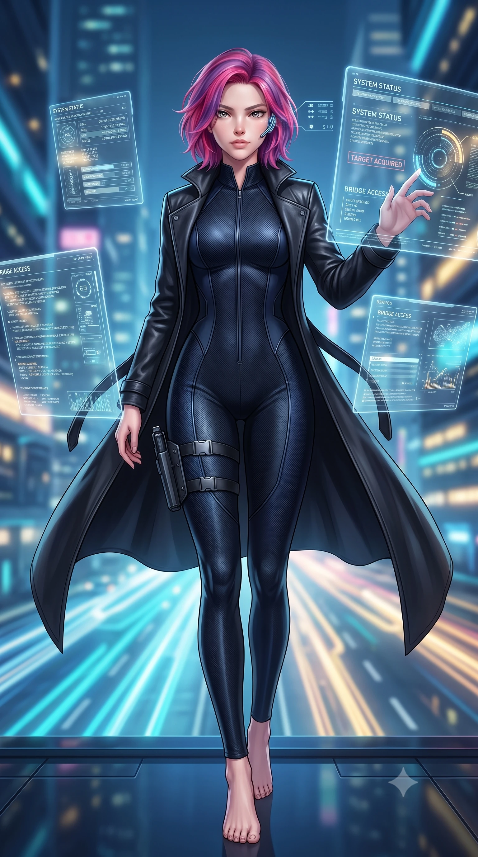 score_9, masterpiece, best quality, ultra-detailed, high-budget anime keyframe, semi-realistic 3D game render, editorial fashion photography, tasteful artistic composition, Caucasian woman. low angle full-body shot from head to toe showing her feet, filling the entire 9:16 vertical frame with her statuesque presence, stretching her vertical silhouette. striding forward in a proud, dynamic supermodel runway stride, her statuesque vertical silhouette commanding the entire frame while pivoting gracefully across the floating intelligence bridge as multiple floating holographic terminal screens surround her. The composition keeps background elements in soft focus with creamy bokeh. dizzying vertical cityscape traffic light trails and neon skyscrapers far below blurred into sapphire, cyan, and gold bokeh. She has an absolutely perfect, statuesque 8.5-heads proportion, an exceptionally tall and slender model-like female figure with impossibly long slender legs, a toned flat midriff, and an ultra-slim waist. sharp v-shaped jawline, high-bridge nose, intricate jewel-like eyes with depth, thick eyelashes, glossy lips with a natural sheen, captivating and magnetic expression, flawlessly proportioned anatomical accuracy, strict slender model proportions, natural body alignment, perfectly sculpted long slender limbs, ultra-slim waistline, clean dynamic posture without body distortion. wearing a sleek second-skin dark carbon-weave infiltration catsuit paired with a tailored long leather trench coat in stealth obsidian black and midnight navy, crafted from flexible ballistic matte leather and ultra-sleek stretch neoprene, equipped with a minimalist titanium leg holster and smart holographic earpiece edition #19, the sleek tailored cut tightly hugging her graceful clavicle, narrow waist, and feminine curves with statuesque precision. illuminated by crisp directional key light defining her razor-sharp jawline, eyes, and slender curves. highly saturated vibrant anime colors, detailed shading with soft gradients, rich glossy textures, high-contrast stereoscopic depth, volumetric dynamic lighting, master piece, 9:16 ratio
