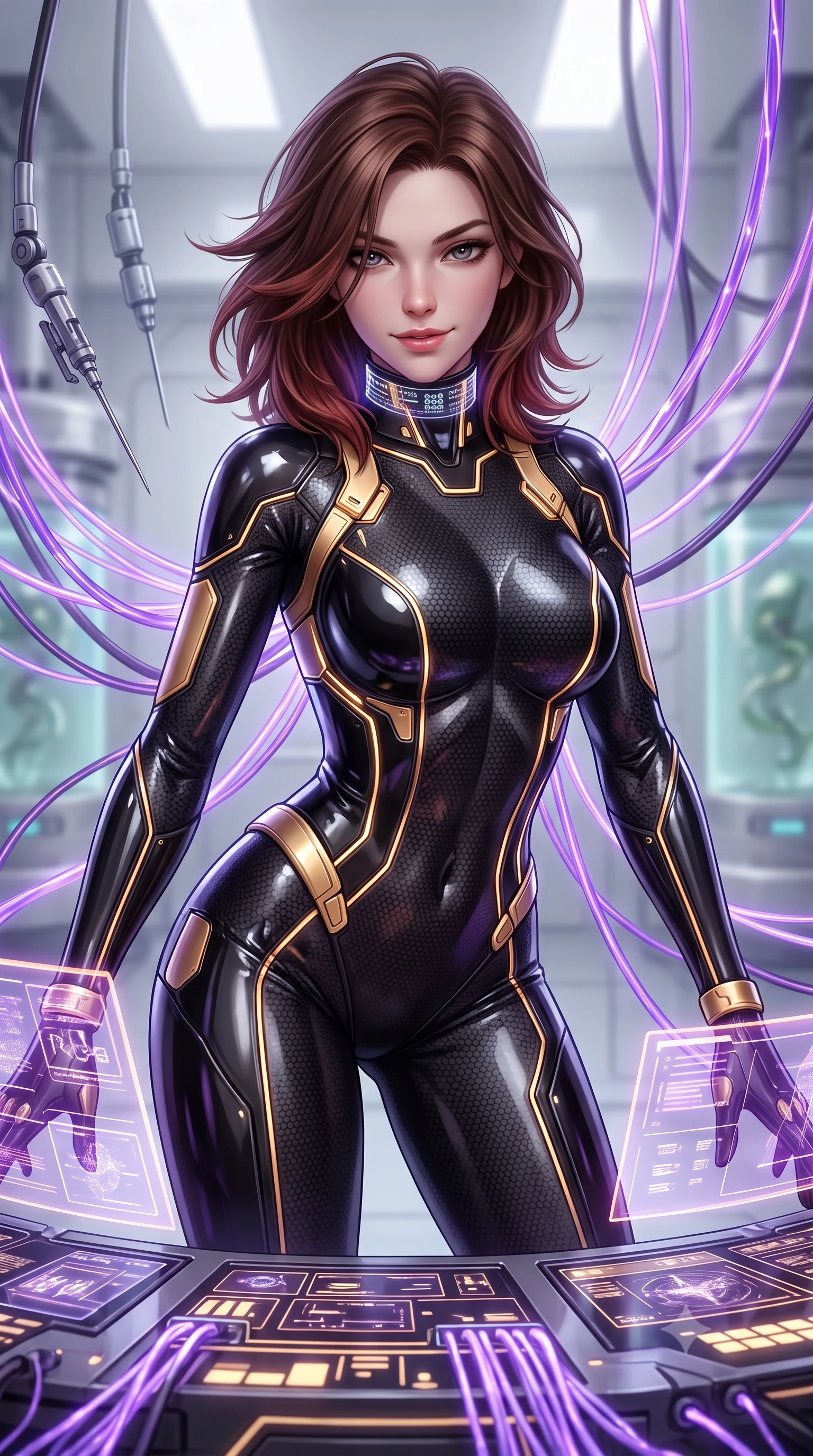score_9, masterpiece, best quality, ultra-detailed, high-budget anime keyframe, semi-realistic 3D game render, editorial fashion photography, tasteful artistic composition, Korean woman. close-up cowboy shot from the waist and thighs up, the character dominates the composition, filling the frame with her large presence. leaning forward over the illuminated command console while arching her lower back to accentuate her curvy hips, looking into the camera with a confident smoldering smile and intense bedroom-eyes while standing centered amidst floating fiber-optic neural cables that respond to her movement, arching her spine with ethereal, cybernetic majesty. The background shows a soft-focus suspended robotic calibration needles and sterile bio-gel tanks softened in advanced laboratory shallow focus. She has an exceptionally elegant, slender, and willowy female figure with an ultra-slim waist, flat toned midriff, narrow ribcage, and sculpted feminine hips creating an alluring, slim hourglass silhouette without bulk. sharp v-shaped jawline, high-bridge nose, intricate jewel-like sparkling eyes with depth, thick eyelashes, glossy parted lips with a natural sheen, bright confident smile with an enchanting and coquettish sensual glint, exuding both youthful magnetic charm and sovereign high-tech allure, flawlessly proportioned anatomical accuracy, strict slender model proportions, natural body alignment, perfectly sculpted long slender limbs, ultra-slim waistline, clean dynamic posture without body distortion. wearing an aerodynamic second-skin combat bodysuit with hexagonal carbon weave and glowing circuit seam piping in glossy onyx black and warm champagne gold hardware, made of smooth liquid latex with high-contrast stereoscopic depth and wet shine, complemented by a high-tech holographic choker projecting miniature glyphs, the form-fitting tactical tailoring adhering flawlessly to her sculpted flat midriff and slender torso, emphasizing her long leg lines and perfectly proportioned willowy build. bathed in soft diffuse white laboratory light and vibrant violet neural fiber glows. highly saturated vibrant anime colors, detailed shading with soft gradients, rich glossy textures, high-contrast stereoscopic depth, volumetric dynamic lighting, master piece, 9:16 ratio