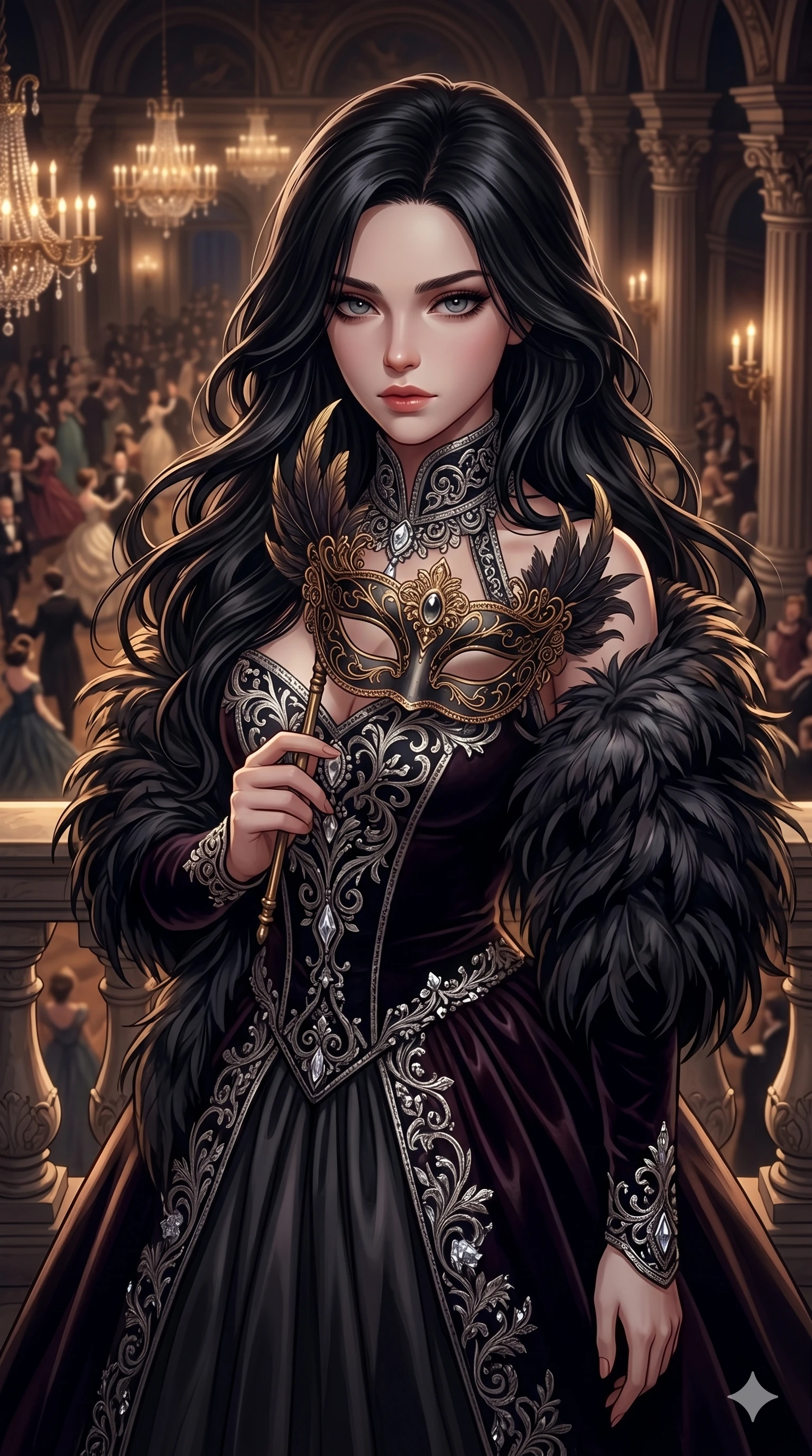score_9, score_8_up, score_7_up, source_anime, masterpiece, best quality, ultra-detailed, same character with long flowing black hair, wearing an extravagant masquerade ball dress, upper body close-up from thigh up filling the screen, slowly lowering a feathered masquerade mask from her face, mysterious and alluring gaze, grand balcony overlooking the ball, 2k, 9:16 ratio