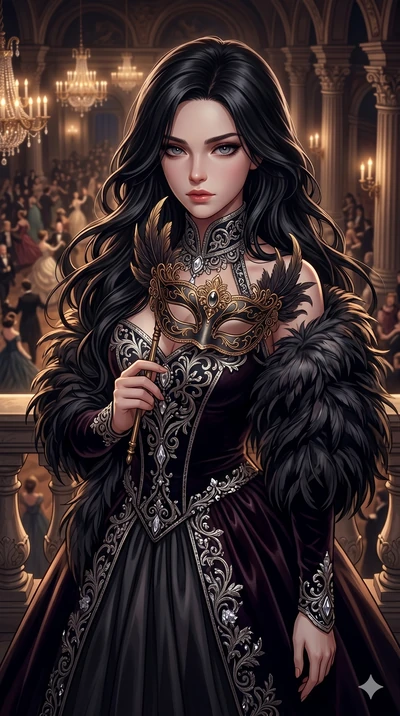score_9, score_8_up, score_7_up, source_anime, masterpiece, best quality, ultra-detailed, same character with long flowing black hair, wearing an extravagant masquerade ball dress, upper body close-up from thigh up filling the screen, slowly lowering