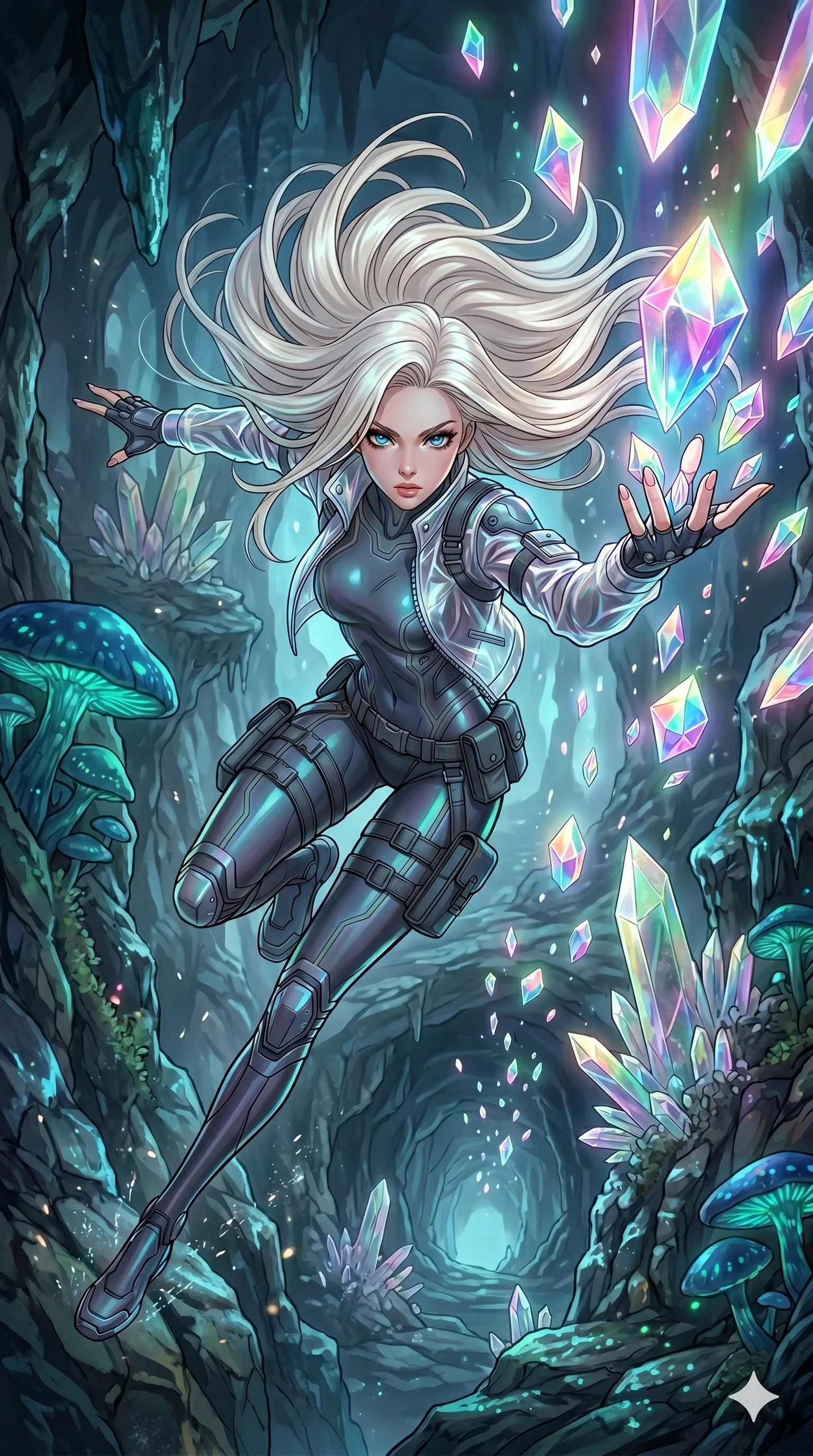 score_9, masterpiece, best quality, ultra-detailed, high-budget anime movie keyframe, cinematic anime lighting, intricate line art, Korean woman. Extreme high angle shot as she leaps towards the camera, filling the frame. twisting in mid-air while catching falling crystals in a cave. She has an absolutely perfect 8-heads proportion, an exceptionally tall and slender female figure with an ultra-slim waist and impossibly long slender legs. strictly human anatomy, two legs only, no extra limbs, clearly defined legs and arms, perfect anatomy, perfect hands and fingers. sharp v-shaped jawline, high-bridge nose, intricate jewel-like eyes, thick eyelashes, glossy lips. Wearing Tech-Fantasy: Cybernetic tech-suit with glowing seams, translucent PVC over leotard, and modular tactical gear. The scene is illuminated by dramatic atmospheric lighting and vibrant color palettes. , 2k, ultra detail, master piece, 9:16 ratio