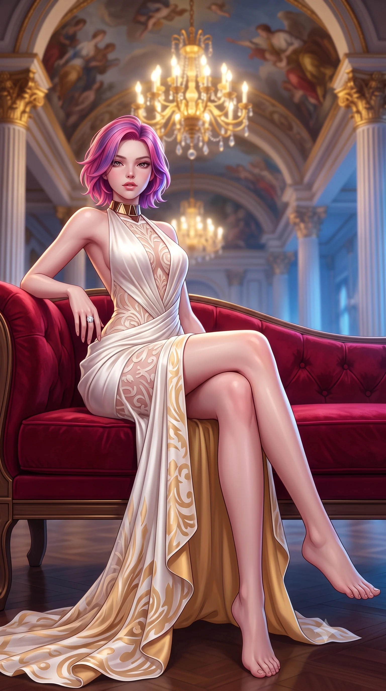 score_9, masterpiece, best quality, ultra-detailed, high-budget anime keyframe, semi-realistic 3D game render, editorial fashion photography, tasteful artistic composition, Caucasian woman. low angle full-body shot from head to toe showing her feet, filling the entire 9:16 vertical frame with her statuesque presence, stretching her vertical silhouette. striding forward in a proud supermodel runway stride, hips swaying in an alluring kinetic rhythm that accentuates her curvy hourglass silhouette while reclining on a plush crimson velvet settee propped on one elbow, her long slender legs and curvy hips commanding the composition. The composition keeps background elements in soft focus with creamy bokeh. classical ceiling oil frescoes and gilded Corinthian capitals softened in opulent shallow focus. She has an exceptionally tall and slender model-like 8.5-heads proportion, an ultra-slim waist, a flat toned midriff, narrow delicate ribcage, and beautifully sculpted feminine hips creating a graceful, slim hourglass silhouette without any bulky heaviness, with impossibly long slender legs. sharp v-shaped jawline, high-bridge nose, intricate jewel-like eyes with depth, thick eyelashes, glossy parted lips with a natural sheen, intensely captivating and seductive bedroom-eyes expression, flawlessly proportioned anatomical accuracy, strict slender model proportions, natural body alignment, perfectly sculpted long slender limbs, ultra-slim waistline, clean dynamic posture without body distortion. wearing an open-back duchess satin gala gown with a dramatic hip-hugging drape and cascading trailing hem in pure alabaster white and sun-kissed gold, made of sheer contouring power-mesh with velvet flocking patterns, complemented by a bold geometric choker and sparkling cocktail ring, the glove-like aerodynamic silhouette tightly following the natural contour of her hips and long slender legs with statuesque 8.5-heads elegance. bathed in opulent golden chandelier light radiating from the grand foyer and cool blue evening sky fill. highly saturated vibrant anime colors, detailed shading with soft gradients, rich glossy textures, high-contrast stereoscopic depth, volumetric dynamic lighting, master piece, 9:16 ratio