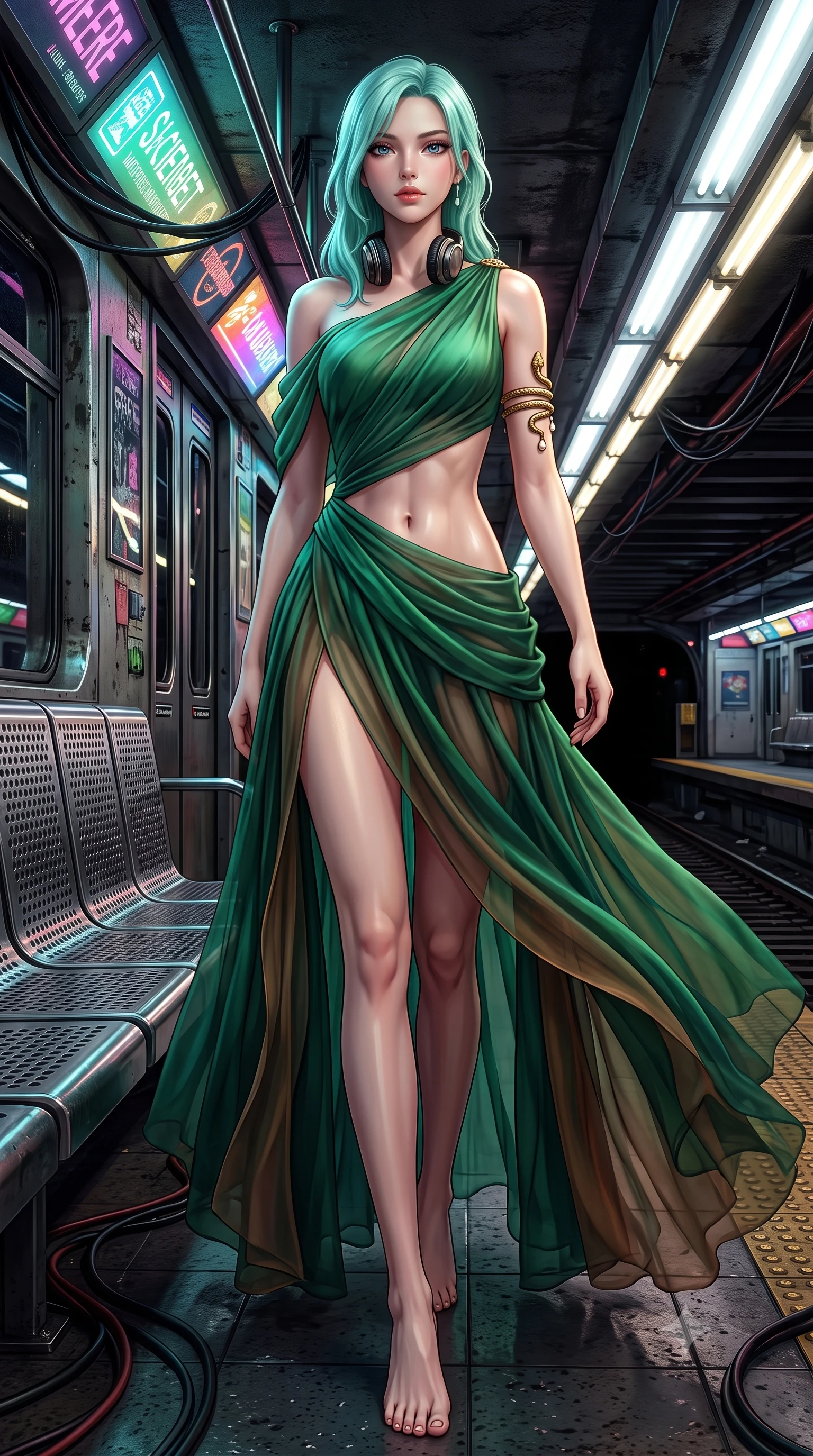 score_9, masterpiece, best quality, ultra-detailed, high-budget anime keyframe, semi-realistic 3D game render, editorial fashion photography, tasteful artistic composition, Japanese woman. low angle full-body shot from head to toe showing her feet, filling the entire 9:16 vertical frame with her statuesque presence, stretching her vertical silhouette. stepping forward gracefully in mid-motion, displaying her toned flat midriff and flawlessly sculpted slender limbs while sitting casually on a stainless steel station bench with legs crossed, headphones around her neck, looking directly into the lens. The surrounding environment is rendered in vivid detail and crisp panoramic clarity. high-contrast cyberpunk street chiaroscuro and raw urban subway aesthetics rendered with precision. She has an absolutely perfect, statuesque 8.5-heads proportion, an exceptionally tall and slender model-like female figure with impossibly long slender legs, a toned flat midriff, and an ultra-slim waist. sharp v-shaped jawline, high-bridge nose, intricate jewel-like eyes with depth, thick eyelashes, glossy lips with a natural sheen, captivating and magnetic expression, flawlessly proportioned anatomical accuracy, strict slender model proportions, natural body alignment, perfectly sculpted long slender limbs, ultra-slim waistline, clean dynamic posture without body distortion. wearing an ethereal emerald-green silk chiffon gown with an asymmetric shoulder drape and sheer layered skirt in deep emerald green and bronze, woven from airy multi-layered silk chiffon with a weightless drape, accented with a sculptured gold serpent armlet and pearl drops edition #20, the liquid-tight tailored fabric emphasizing every curve of her tall, slender model proportions and sculptured silhouette during dynamic movement. illuminated by crisp specular highlights defining her toned flat midriff and athletic curves. highly saturated vibrant anime colors, detailed shading with soft gradients, rich glossy textures, high-contrast stereoscopic depth, volumetric dynamic lighting, master piece, 9:16 ratio