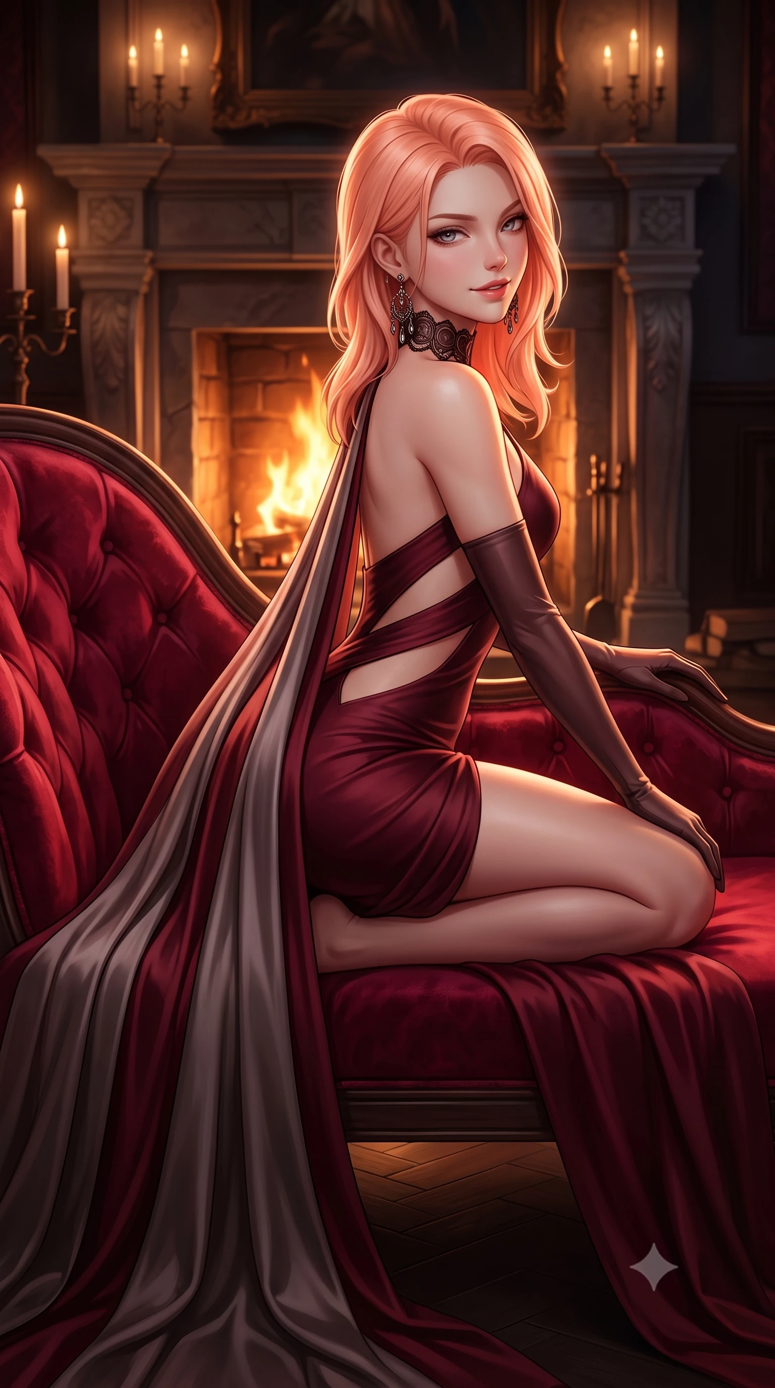 score_9, masterpiece, best quality, ultra-detailed, high-budget anime keyframe, semi-realistic 3D game render, editorial fashion photography, tasteful artistic composition, Japanese woman. close-up cowboy shot from the waist and thighs up, the character dominates the composition, filling the frame with her large presence. turning over a bare shoulder with an intoxicating, teasing smile, her soft hair framing her sharp jawline as she looks back while reclining back into a plush crimson velvet chaise lounge before a roaring stone fireplace, one knee drawn up in seductive ease. The surrounding environment is rendered in vivid detail and crisp panoramic clarity. deep moody chiaroscuro and decadent Victorian vampire sanctuary aesthetics captured with precision. She has an exceptionally elegant, slender, and willowy female figure with an ultra-slim waist, a gracefully sculpted slender torso, toned flat midriff, and a refined slim silhouette. sharp v-shaped jawline, high-bridge nose, intricate jewel-like eyes with depth, thick eyelashes, glossy parted lips with a natural sheen, intensely captivating and seductive expression, flawlessly proportioned anatomical accuracy, strict slender model proportions, natural body alignment, perfectly sculpted long slender limbs, ultra-slim waistline, clean dynamic posture without body distortion. wearing a gothic siren halter-neck dress with dramatic diagonal torso cutouts and a trailing floor-length silk cape in deep garnet and brushed dark platinum, made of fluid silk crepe with delicate inner corsetry boning, finished with a dramatic filigree Victorian choker and chandelier earrings, the glove-like aerodynamic second-skin fit tightly clinging to her ultra-slender waist and feminine curves without adding bulk. bathed in roaring fireplace amber warmth and soft candelabra glow. highly saturated vibrant anime colors, detailed shading with soft gradients, rich glossy textures, high-contrast stereoscopic depth, volumetric dynamic lighting, master piece, 9:16 ratio