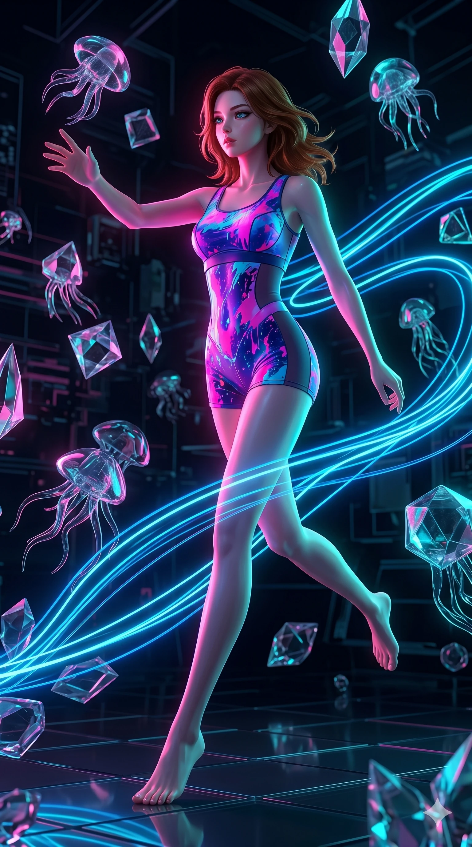 score_9, masterpiece, best quality, ultra-detailed, high-budget anime keyframe, editorial fashion photography, tasteful artistic composition, Korean woman. low angle full-body shot from head to toe showing her feet, filling the entire 9:16 vertical frame with her statuesque presence, stretching her vertical silhouette. reaching out to catch through a digital wonderland filled with floating abstract glass sculptures as neon blue fluid lines follow her path like light trails. She has an absolutely perfect 8-heads proportion, an exceptionally tall and slender female figure with impossibly long slender legs and an ultra-slim waist. V-shaped jawline, high-bridge nose, intricate jewel-like eyes with depth, thick eyelashes, glossy lips with a natural sheen.. wearing a liquid acrylic splash bodysuit, featuring a vivid fluorescent acrylic-paint-splattered structured athletic top with matching high-waist shorts and opaque side detailing. lit by intense neon pink and turquoise dual-tone backlighting, creating a futuristic mood. 2k, ultra detail, master piece, 9:16 ratio