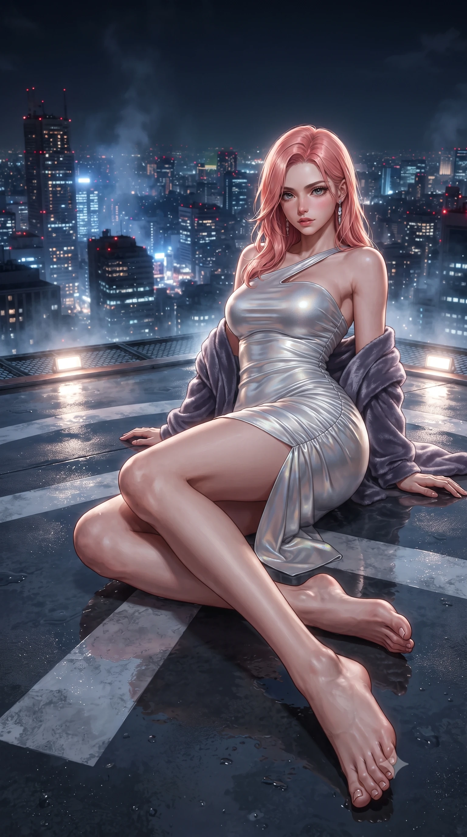 score_9, masterpiece, best quality, ultra-detailed, high-budget anime keyframe, editorial fashion photography, tasteful artistic composition, Japanese woman. low angle full-body shot from head to toe showing her feet, filling the entire 9:16 vertical frame with her statuesque presence, stretching her vertical silhouette. reclining on her side in an elegant Cleopatra pose with one knee drawn up, the dramatic contour of her rounded hips and long slender legs commanding the 9:16 vertical frame while pivoting dynamically on the wet helipad markings as city updrafts swirl around her, casting an audacious, breathtaking bedroom-gaze at the lens. The surrounding environment is rendered in vivid detail and crisp panoramic clarity. epic high-altitude urban chiaroscuro and raw high-fashion rooftop adrenaline rendered with precision. She has an exceptionally tall and slender model-like 8.5-heads proportion, an ultra-slim waist, a flat toned midriff, narrow delicate ribcage, and beautifully sculpted feminine hips creating a graceful, slim hourglass silhouette without any bulky heaviness, with impossibly long slender legs. sharp v-shaped jawline, high-bridge nose, intricate jewel-like eyes with depth, thick eyelashes, glossy parted lips with a natural sheen, intensely captivating and seductive bedroom-eyes expression, flawlessly proportioned anatomical accuracy, strict slender model proportions, natural body alignment, perfectly sculpted long slender limbs, ultra-slim waistline, clean dynamic posture without body distortion. wearing a form-contouring cocktail dress with an asymmetrical open shoulder and hip-defining ruching in shimmering silver mercury and pearl white, tailored from ultra-smooth duchess satin with a pearlescent sheen, complemented by a plush velvet shawl draped loosely over her elbows, the form-contouring material adhering flawlessly to her sculpted flat midriff and slender torso, emphasizing her long leg lines and perfectly proportioned willowy build. surrounded by an untouchable, daring, and wildly charismatic skyline empress aura. ultra-reflective glossy finish, specular highlights, rich textural contrasts, high-contrast stereoscopic depth, volumetric dynamic lighting, 2k, ultra detail, master piece, 9:16 ratio