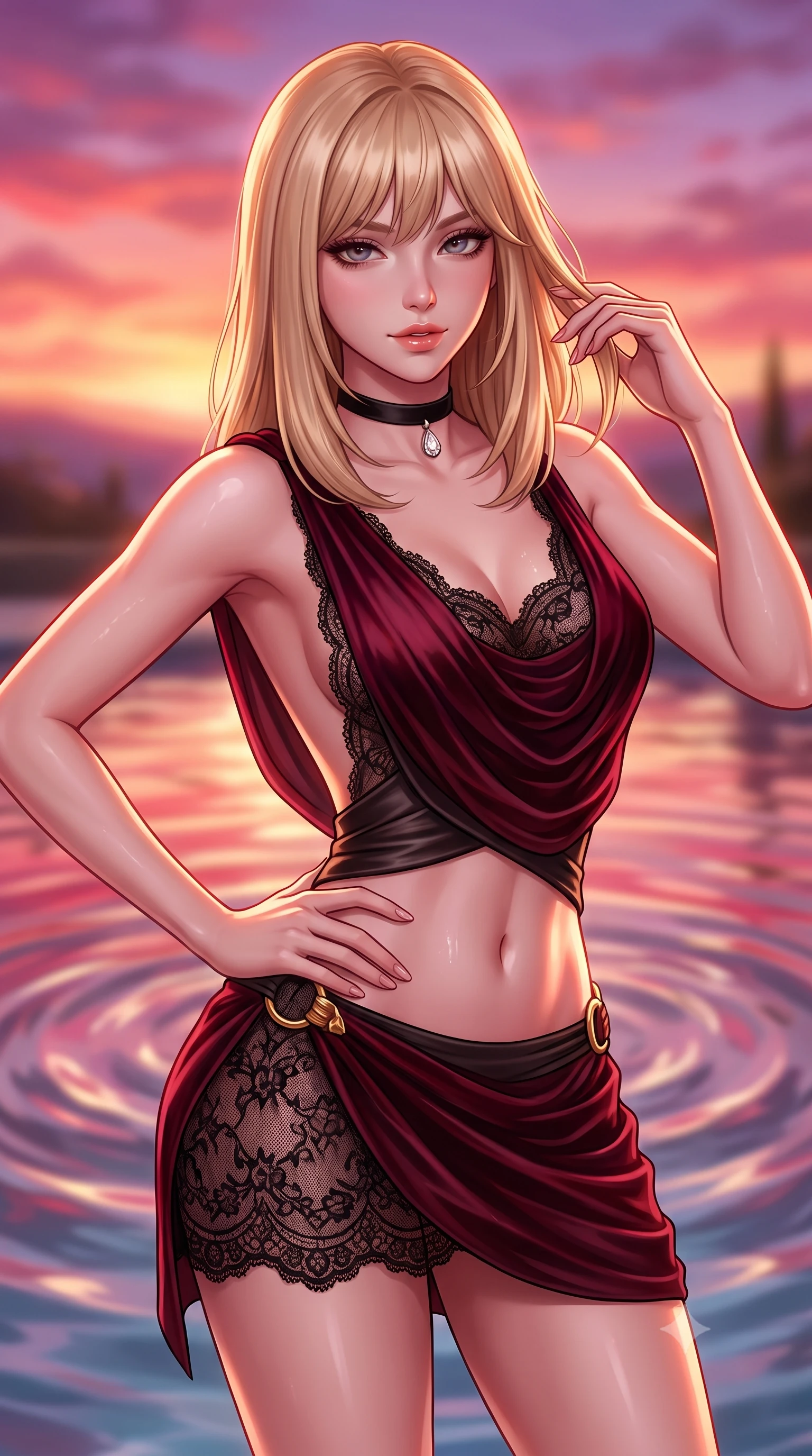 score_9, masterpiece, best quality, ultra-detailed, high-budget anime keyframe, semi-realistic 3D game render, editorial fashion photography, tasteful artistic composition, Japanese woman. close-up cowboy shot from the waist and thighs up, the character dominates the composition, filling the frame with her large presence. twisting her slender torso in an alluring contrapposto stance, one hand resting on her sculpted hip while her fingers toy with her hair with effortless poise while twisting her slender torso in an alluring S-curve, crimson and gold water reflections dancing across her bare shoulders, flat midriff, and hips. The background shows a soft-focus swirling pool water ripples softened in cinematic Mediterranean shallow focus. She has an exceptionally elegant, slender, and willowy female figure with an ultra-slim waist, flat toned midriff, narrow ribcage, and sculpted feminine hips creating an alluring, slim hourglass silhouette without bulk. sharp v-shaped jawline, high-bridge nose, sparkling eyes with hypnotic seductive depth, thick curled eyelashes, glossy parted lips with a natural dewy peach sheen, alluring bedroom-eyes with an enchanting coquettish smile, exuding magnetic siren charisma and sophisticated glamour, flawlessly proportioned anatomical accuracy, strict slender model proportions, natural body alignment, perfectly sculpted long slender limbs, ultra-slim waistline, clean dynamic posture without body distortion. wearing a draped Greek-goddess style silk chiffon mini toga dress with an open back and golden hip fibula in deep bordeaux velvet and delicate black chantilly, woven from buttery-soft stretch lambskin leather adhering to her body like a second skin, finished with a thin velvet ribbon choker and a single teardrop diamond pendant, the form-contouring silhouette accentuating her sculpted flat midriff, narrow delicate ribcage, and gracefully curvy hips with intoxicating allure. bathed in saturated crimson, apricot, and lavender sunset light blazing across the Tuscan sky. highly saturated vibrant anime colors, detailed shading with soft gradients, rich glossy textures, high-contrast stereoscopic depth, volumetric dynamic lighting, master piece, 9:16 ratio