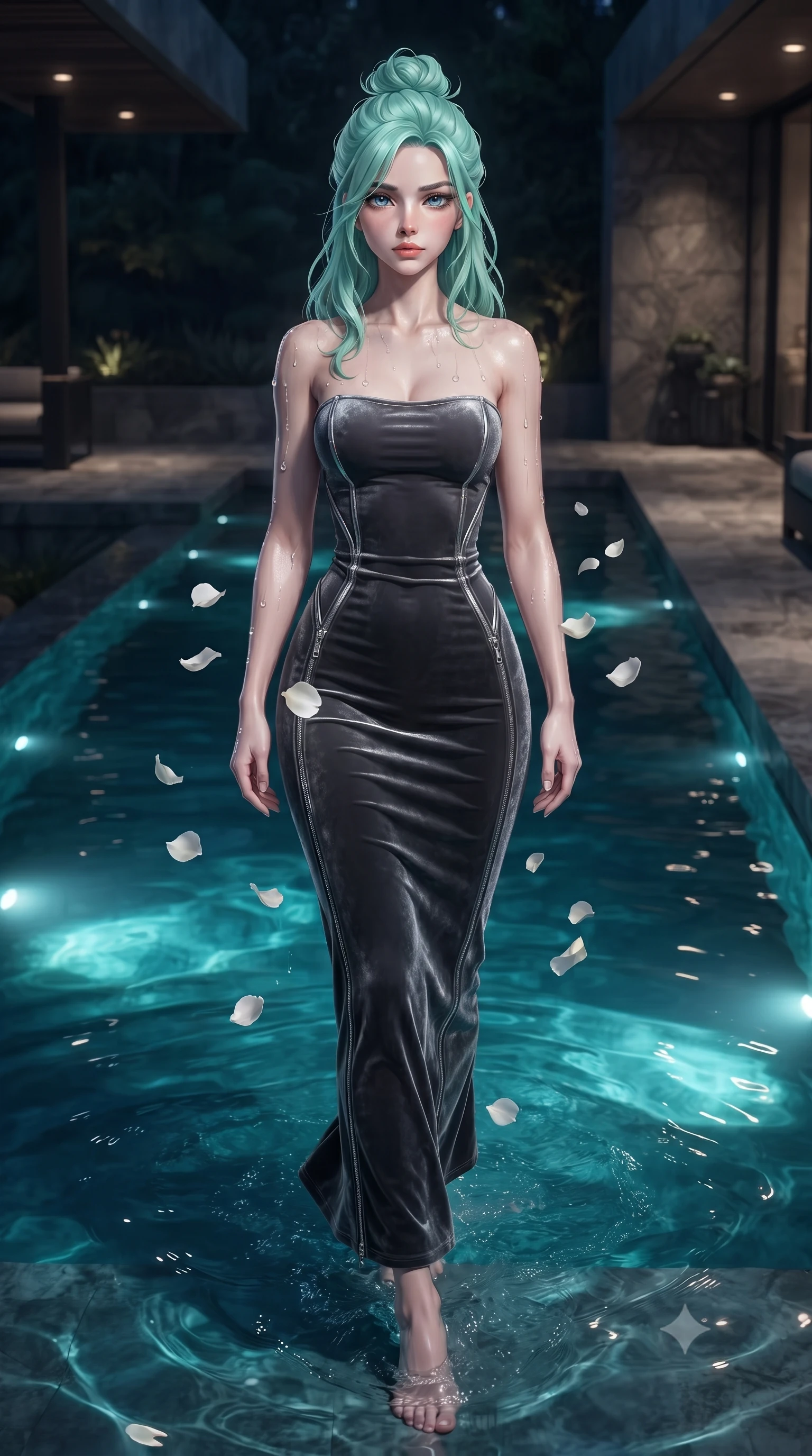 score_9, masterpiece, best quality, ultra-detailed, high-budget anime keyframe, editorial fashion photography, tasteful artistic composition, Japanese woman. low angle full-body shot from head to toe showing her feet, filling the entire 9:16 vertical frame with her statuesque presence, stretching her vertical silhouette. stepping gracefully through the luxurious environment, stretching her statuesque silhouette, immersed to the waist in a heated private pool with floating white rose petals, glistening water dewdrops tracing her delicate bare shoulders and clavicle lines. She has an absolutely perfect, statuesque 8.5-heads proportion, an exceptionally tall and slender model-like female figure with impossibly long slender legs and an ultra-slim waist. sharp v-shaped jawline, high-bridge nose, intricate jewel-like eyes with depth, thick eyelashes, glossy lips with a natural sheen. wearing fitted liquid mercury jersey maxi dress hugging every curve in dark charcoal gray, made of crushed dark silk velvet, finished with metallic silver boning and sleek zipper points, highlighting her statuesque proportions and ultra-slim waistline. surrounded by a moody nocturnal ambiance with glowing aqua water highlights. ultra-reflective glossy finish, specular highlights, metallic sheen, high-contrast stereoscopic depth, volumetric dynamic lighting, 2k, ultra detail, master piece, 9:16 ratio