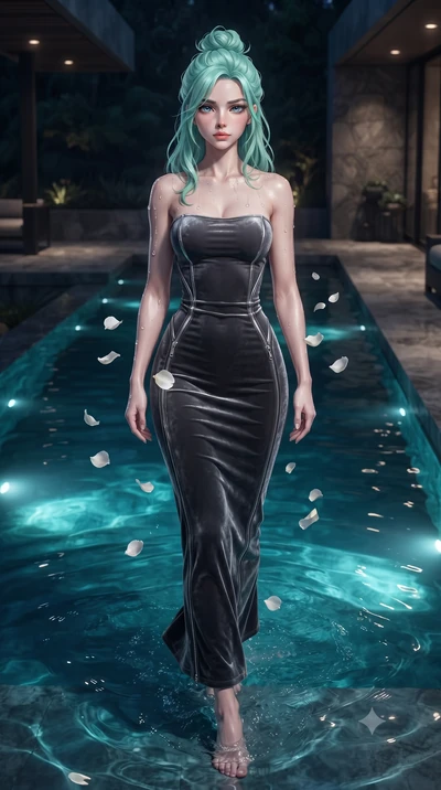 score_9, masterpiece, best quality, ultra-detailed, high-budget anime keyframe, editorial fashion photography, tasteful artistic composition, Japanese woman. low angle full-body shot from head to toe showing her feet, filling the entire 9:16 vertical