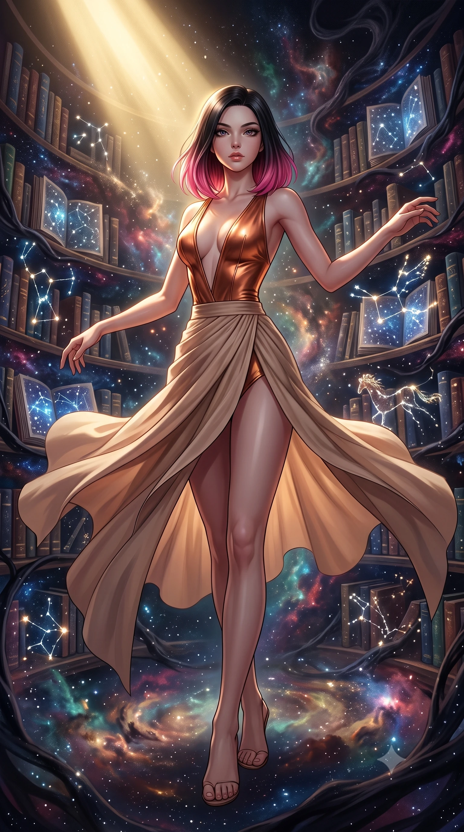 score_9, masterpiece, best quality, ultra-detailed, high-budget anime keyframe, editorial fashion photography, tasteful artistic composition, Korean woman. low angle full-body shot from head to toe showing her feet, filling the entire 9:16 vertical frame with her statuesque presence, stretching her vertical silhouette. dancing with weightless grace through an impossible library where living star charts serve as pages in books of dark matter the constellation figures physically moving along bookshelves made of compressed starlight and nebula dust. She has a statuesque 8.5-heads proportion, an exceptionally tall, slender and willowy model-like build with impossibly long legs and a highly sculpted ultra-slim waist. sharp v-shaped jawline, high-bridge nose, intricate jewel-like eyes with depth, thick eyelashes, glossy lips with a natural sheen. wearing a metallic copper bodysuit with a deep V-cut front, paired with a flowing beige asymmetrical wrap skirt. dramatic chiaroscuro with a single golden key light sculpting her silhouette. 2k, ultra detail, master piece, 9:16 ratio