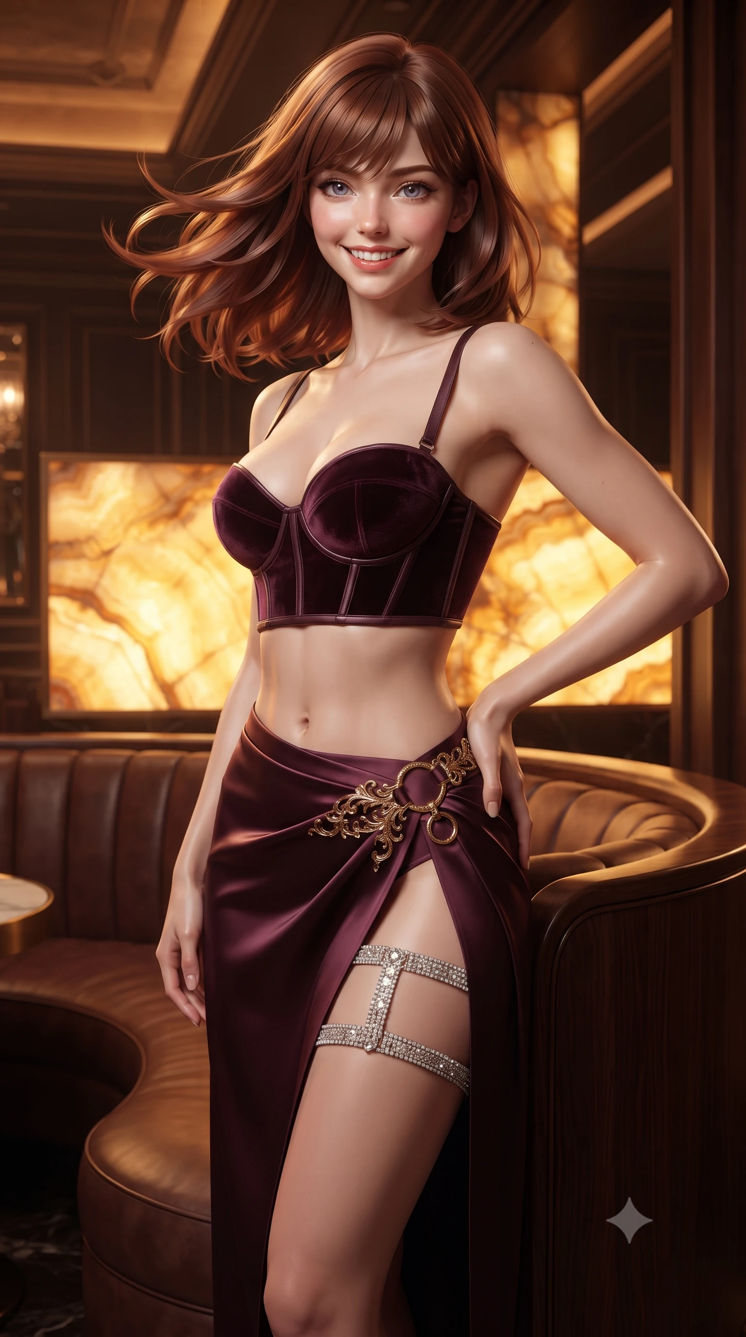 score_9, masterpiece, best quality, ultra-detailed, high-budget anime keyframe, editorial fashion photography, tasteful artistic composition, Caucasian woman. close-up cowboy shot from the waist and thighs up, the character dominates the composition, filling the frame with her large presence. turning slowly with an enchanting smoldering smile, her glossy hair tossing in the breeze as her hips angle gracefully in a captivating contrapposto while standing beside the curved rosewood banquette with one hand on her hip, her form-fitting dress with daring cutouts commanding the room. The surrounding environment is rendered in vivid detail and crisp panoramic clarity: detailed liquid silver jersey bodycon dress cling, side cutout edges, and master interior architecture in razor-sharp precision. She has an exceptionally elegant, slender, and willowy female figure with an ultra-slim waist, flat toned midriff, narrow ribcage, and sculpted feminine hips creating an alluring, slim hourglass silhouette without bulk. sharp v-shaped jawline, high-bridge nose, intricate jewel-like sparkling eyes with depth, thick eyelashes, glossy parted lips with a natural peach sheen, bright cheerful beaming smile with an enchanting and coquettish sensual glint, exuding both youthful cute charm and seductive allure, flawlessly proportioned anatomical accuracy, strict slender model proportions, natural body alignment, perfectly sculpted long slender limbs, ultra-slim waistline, clean dynamic posture without body distortion. wearing a sculpted leatherette underwire bustier paired with a high-slit silk satin wrap skirt with gold ring hardware in opulent dark velvet plum and gilded filigree, made of semi-opaque stretch illusion mesh with soft shadowy contours along her waist, finished with delicate crystal-encrusted thigh garter straps glinting in the dim light, the form-contouring silhouette accentuating her sculpted flat midriff, narrow delicate ribcage, and gracefully curvy hips with intoxicating allure. bathed in the rich, radiant warm-amber under-glow of the backlit translucent onyx slab. ultra-reflective glossy finish, specular highlights, rich textural contrasts, high-contrast stereoscopic depth, volumetric dynamic lighting, 2k, ultra detail, master piece, 9:16 ratio