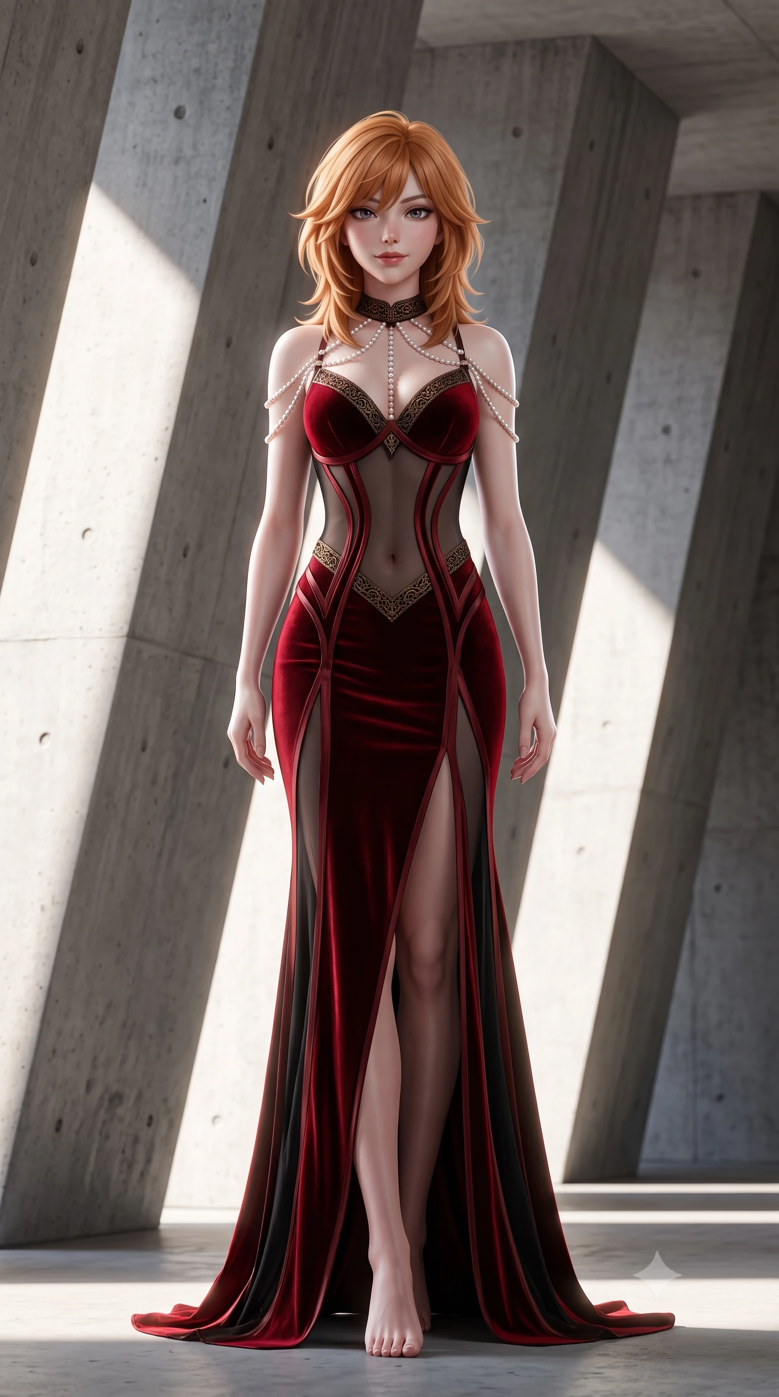 score_9, masterpiece, best quality, ultra-detailed, high-budget anime keyframe, semi-realistic 3D game render, editorial fashion photography, tasteful artistic composition, Korean woman. low angle full-body shot from head to toe showing her feet, filling the entire 9:16 vertical frame with her statuesque presence, stretching her vertical silhouette. stepping slowly toward the camera with hypnotic grace, hips swaying in an alluring sensual rhythm that accentuates her curvy hourglass silhouette and long slender legs while standing between massive angled raw concrete pillars, arching her lower back with dramatic high-fashion contrast against the stone. The background shows a soft-focus diagonal sunlight wedges softened in architectural monumentality shallow focus. She has an absolutely perfect, statuesque 8.5-heads proportion, an exceptionally tall and slender model-like female figure with impossibly long slender legs, an ultra-slim waist, a flat toned midriff, narrow delicate ribcage, and beautifully sculpted feminine hips creating a graceful, slim hourglass silhouette without any bulky heaviness. sharp v-shaped jawline, high-bridge nose, sparkling eyes with hypnotic seductive depth, thick curled eyelashes, glossy parted lips with a natural dewy peach sheen, alluring bedroom-eyes with an enchanting coquettish smile, exuding magnetic siren charisma and sophisticated glamour, flawlessly proportioned anatomical accuracy, strict slender model proportions, natural body alignment, perfectly sculpted long slender limbs, ultra-slim waistline, clean dynamic posture without body distortion. wearing a provocative sheer illusion mesh vampire gown with liquid satin ribbons contouring her hourglass curves in deep blood-red velvet and midnight obsidian black with antique bronze trims, crafted from fluid liquid silk satin that clings smoothly to every curve with a dewy sheen, accented with a pearl-drop body harness subtly framing her dewy collarbones and spine, the form-contouring silhouette accentuating her sculpted flat midriff, narrow delicate ribcage, and gracefully curvy hips with intoxicating allure. illuminated by concrete bounce fill and sharp platinum-white rim lights sculpting her jawline, flat midriff, and curvaceous hips. highly saturated vibrant anime colors, detailed shading with soft gradients, rich glossy textures, high-contrast stereoscopic depth, volumetric dynamic lighting, master piece, 9:16 ratio
