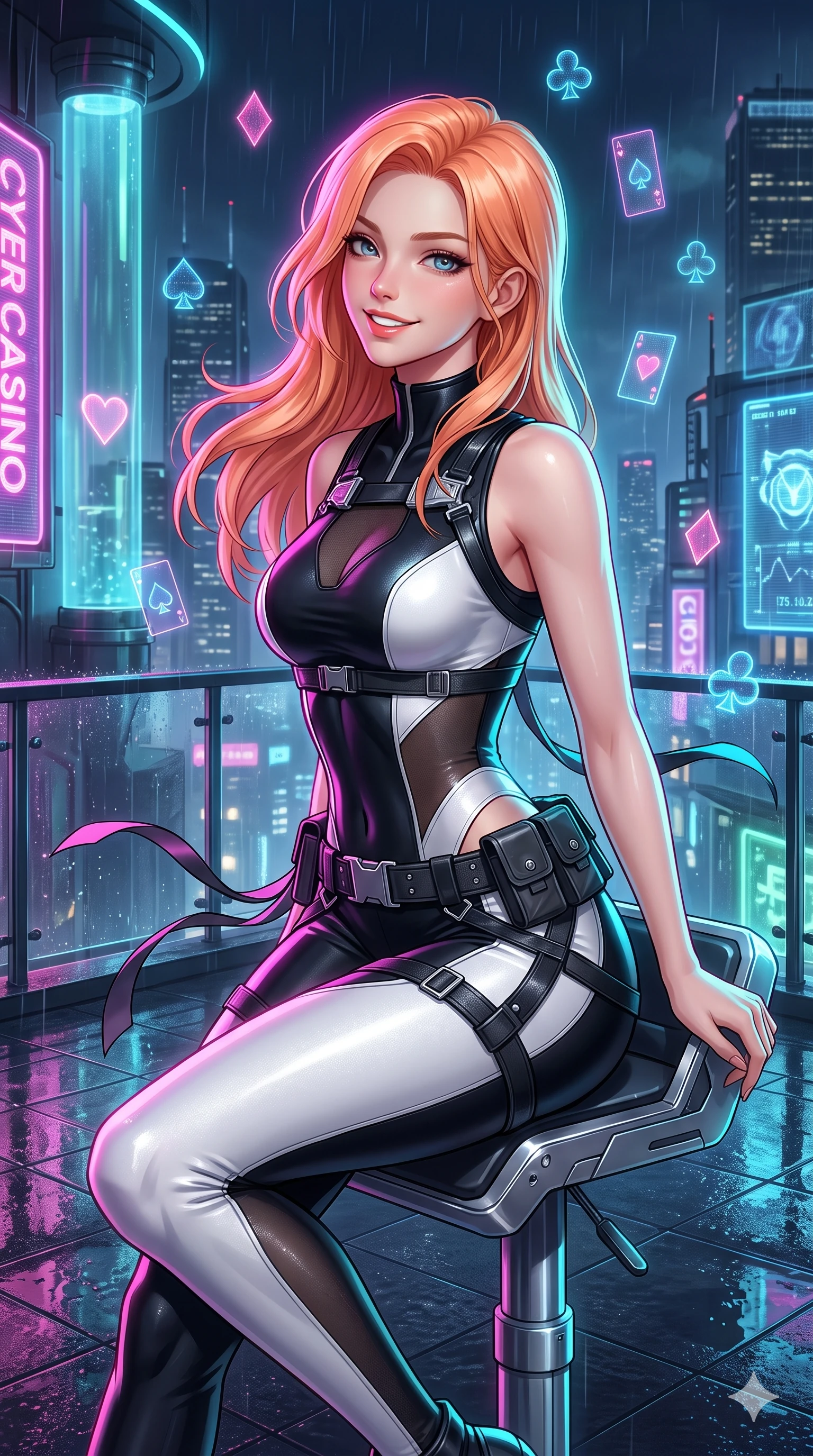 score_9, masterpiece, best quality, ultra-detailed, high-budget anime keyframe, semi-realistic 3D game render, editorial fashion photography, tasteful artistic composition, Japanese woman. close-up cowboy shot from the waist and thighs up, the character dominates the composition, filling the frame with her large presence. perched sideways on the pilot seat, one knee drawn up to showcase her slender leg line while her arched back accentuates her feminine hip curve while executing a cheerful mid-motion pivot turn as her tactical belt and ribbons flutter around her slender legs, glancing over her shoulder with an intoxicating, teasing bedroom-gaze while standing on the open casino balcony. The surrounding environment is rendered in vivid detail and crisp panoramic clarity: sharp neon signage glass tube reflections, wet terrace glass floor reflections, and floating digital card suits in deep focus. She has an exceptionally elegant, slender, and willowy female figure with an ultra-slim waist, flat toned midriff, narrow ribcage, and sculpted feminine hips creating an alluring, slim hourglass silhouette without bulk. sharp v-shaped jawline, high-bridge nose, intricate jewel-like sparkling eyes with depth, thick eyelashes, glossy parted lips with a natural sheen, bright confident smile with an enchanting and coquettish sensual glint, exuding both youthful magnetic charm and sovereign high-tech allure, flawlessly proportioned anatomical accuracy, strict slender model proportions, natural body alignment, perfectly sculpted long slender limbs, ultra-slim waistline, clean dynamic posture without body distortion. wearing a sleeveless high-collar cyber pilot suit in liquid-look obsidian jersey with strategic sheer ventilation panels in dual-tone high-contrast monochrome black and stark white, woven from stretch metallic lurex jersey casting radiant starlight glints across her curves, finished with high-tension magnetic quick-release clasps glinting along her collarbones, the liquid-tight tailored fabric clinging flawlessly to her narrow waist and rounded feminine hips, emphasizing every millimeter of her sculpted slim hourglass curves without any bulky heaviness. illuminated by terrace floor puddle reflections and sharp magenta-cyan rim lights sculpting her razor-sharp jawline, narrow waist, and curvy hips. highly saturated vibrant anime colors, detailed shading with soft gradients, rich glossy textures, high-contrast stereoscopic depth, volumetric dynamic lighting, master piece, 9:16 ratio