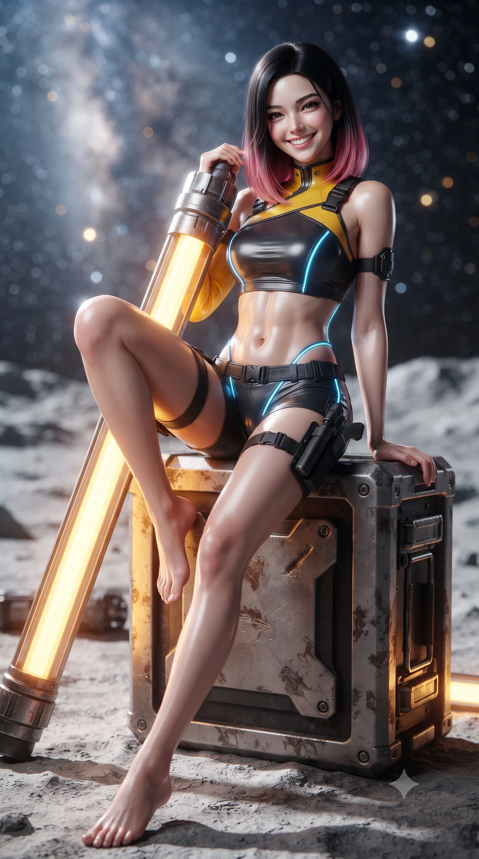 score_9, masterpiece, best quality, ultra-detailed, high-budget anime keyframe, editorial fashion photography, tasteful artistic composition, Korean woman. low angle full-body shot from head to toe showing her feet, filling the entire 9:16 vertical frame with her statuesque presence, stretching her vertical silhouette. leaning deep against the glowing energy conduit with hips cocked back in an unapologetically alluring high-fashion stance, flashing a warm beaming smile while sitting perched on an equipment crate propped on one hand, her tight environmental suit radiating magnetic, adventurous charm. The background shows a soft-focus vast cratered lunar regolith and glowing sulfur vents beneath a brilliant galactic starfield blurred into starlight white, sulfur gold, and obsidian bokeh. She has an absolutely perfect, statuesque 8.5-heads proportion, an exceptionally tall and slender model-like female figure with impossibly long slender legs, an ultra-slim waist, a flat toned midriff, narrow delicate ribcage, and beautifully sculpted feminine hips creating a graceful, slim hourglass silhouette without any bulky heaviness. sharp v-shaped jawline, high-bridge nose, intricate jewel-like sparkling eyes with depth, thick eyelashes, glossy parted lips with a natural sheen, bright confident smile with an enchanting and coquettish sensual glint, exuding both youthful magnetic charm and sovereign high-tech allure, flawlessly proportioned anatomical accuracy, strict slender model proportions, natural body alignment, perfectly sculpted long slender limbs, ultra-slim waistline, clean dynamic posture without body distortion. wearing a high-tech mechanic crop top with asymmetric shoulder straps paired with ultra-fitted tactical hot-pants and thigh holsters in industrial hazard yellow and matte carbon black, formed from supple thermal silicone composite adhering seamlessly like a second skin, accented with glowing neon fiber-optic piping tracing her spine and hip lines, the form-fitting tactical tailoring adhering flawlessly to her sculpted flat midriff and slender torso, emphasizing her long leg lines and perfectly proportioned willowy build. bathed in brilliant cold silver starlight from above and warm industrial sodium work-lights from below. ultra-reflective glossy finish, specular highlights, rich textural contrasts, high-contrast stereoscopic depth, volumetric dynamic lighting, 2k, ultra detail, master piece, 9:16 ratio