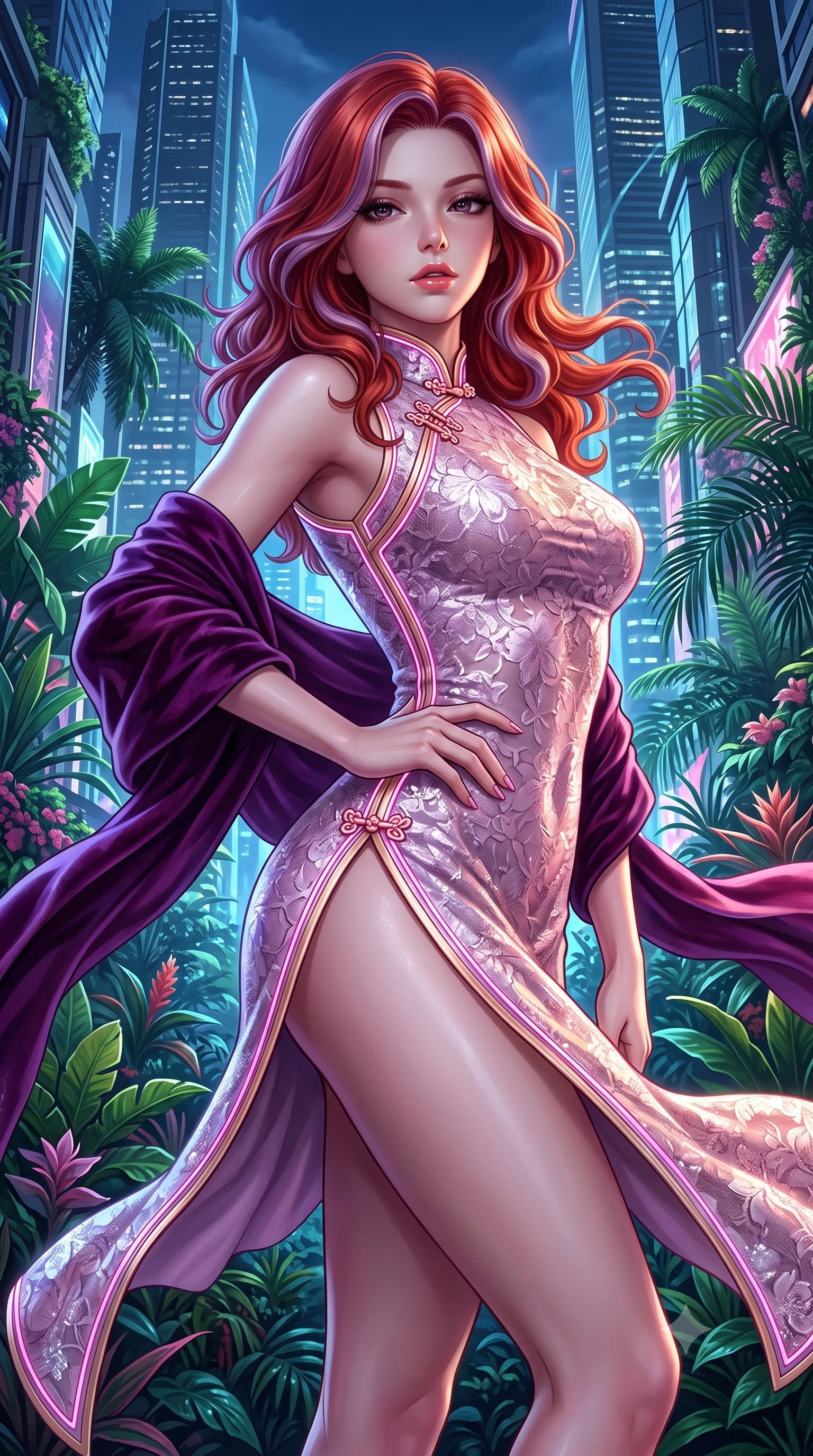 score_9, masterpiece, best quality, ultra-detailed, high-budget anime keyframe, semi-realistic 3D game render, editorial fashion photography, tasteful artistic composition, Caucasian woman. close-up cowboy shot from the waist and thighs up, the character dominates the composition, filling the frame with her large presence. resting one manicured hand delicately on her hip bone, her upper body turning in a fluid, seductive S-curve while parted lips glisten in the light while executing an elegant mid-motion turn as night winds whip her high-slit dress, her statuesque vertical presence dominating the futuristic panorama. The surrounding environment is rendered in vivid detail and crisp panoramic clarity. vibrant high-contrast cyberpunk botanical chiaroscuro and cutting-edge tropical metropolis aesthetics in precision. She has an exceptionally elegant, slender, and willowy female figure with an ultra-slim waist, flat toned midriff, narrow ribcage, and sculpted feminine hips creating an alluring, slim hourglass silhouette without bulk. sharp v-shaped jawline, high-bridge nose, intricate jewel-like eyes with depth, thick eyelashes, glossy parted lips with a natural sheen, intensely captivating and seductive bedroom-eyes expression, flawlessly proportioned anatomical accuracy, strict slender model proportions, natural body alignment, perfectly sculpted long slender limbs, ultra-slim waistline, clean dynamic posture without body distortion. wearing a modernized cyber-qipao mini dress with an ultra-high side slit ascending to the hip and glowing piping in sakura blossom pink and warm ivory, formed from shimmering floral lace over smooth opaque silk lining, complemented by a plush velvet shawl draped loosely over her elbows, the second-skin form-contouring cut accentuating her sculpted flat midriff, narrow delicate ribcage, and gracefully curvy hips with supermodel precision. illuminated by wet specular glass bounce lights sculpting her toned waistline, slender spine, and feminine hips. highly saturated vibrant anime colors, detailed shading with soft gradients, rich glossy textures, high-contrast stereoscopic depth, volumetric dynamic lighting, master piece, 9:16 ratio