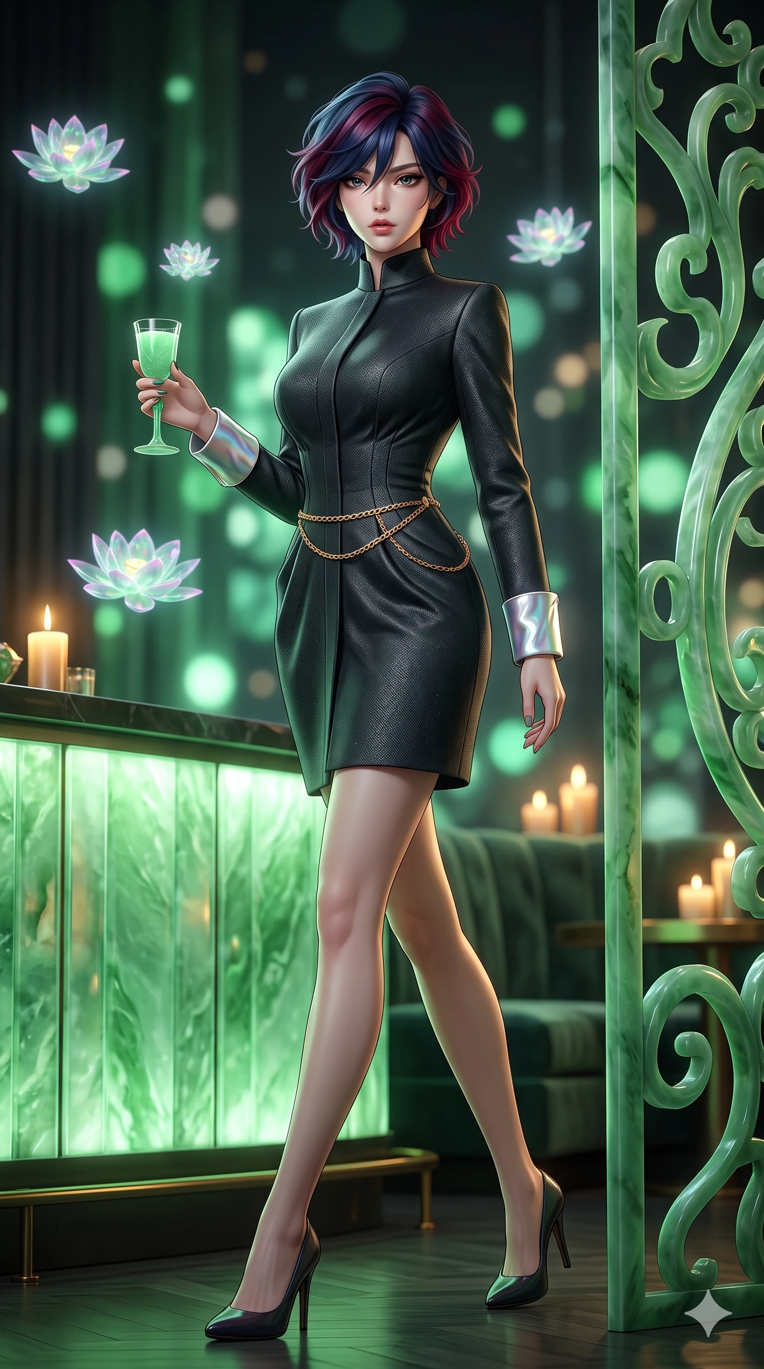 score_9, masterpiece, best quality, ultra-detailed, high-budget anime keyframe, semi-realistic 3D game render, editorial fashion photography, tasteful artistic composition, Korean woman. low angle full-body shot from head to toe showing her feet, filling the entire 9:16 vertical frame with her statuesque presence, stretching her vertical silhouette. stepping forward in a confident stride, her long slender legs and curvaceous hips creating a dynamic, sweeping vertical line while standing poised beside the sculptural jade screen, arching her lower back with sovereign supermodel poise while holding a jade-stemmed glass. The background shows a soft-focus translucent illuminated green jade bar panels, floating holographic lotus flowers, and velvet banquettes blurred into emerald, mint, and charcoal bokeh. She has an exceptionally tall and slender model-like 8.5-heads proportion, an ultra-slim waist, a flat toned midriff, narrow delicate ribcage, and beautifully sculpted feminine hips creating a graceful, slim hourglass silhouette without any bulky heaviness, with impossibly long slender legs. sharp v-shaped jawline, high-bridge nose, intricate jewel-like sparkling eyes with depth, thick eyelashes, glossy parted lips with a natural sheen, intensely captivating and seductive bedroom-eyes expression, exuding both youthful cute charm and sovereign luxury allure, flawlessly proportioned anatomical accuracy, strict slender model proportions, natural body alignment, perfectly sculpted long slender limbs, ultra-slim waistline, clean dynamic posture without body distortion. wearing a tailored high-collar velvet evening coat dress with structural waist cinching and satin cuff accents in iridescent mother-of-pearl and liquid molten silver, woven from high-density tech-wool with subtle metallic thread weave, accented with a delicate gold chain belt resting loosely on her curvy hips, the bespoke structured tailoring following the natural line of her 8.5-heads silhouette with refined elegance. bathed in the ethereal, soothing emerald-green luminescence of the backlit jade counter combined with warm candlelit accent lights. highly saturated vibrant anime colors, detailed shading with soft gradients, rich glossy textures, high-contrast stereoscopic depth, volumetric dynamic lighting, master piece, 9:16 ratio