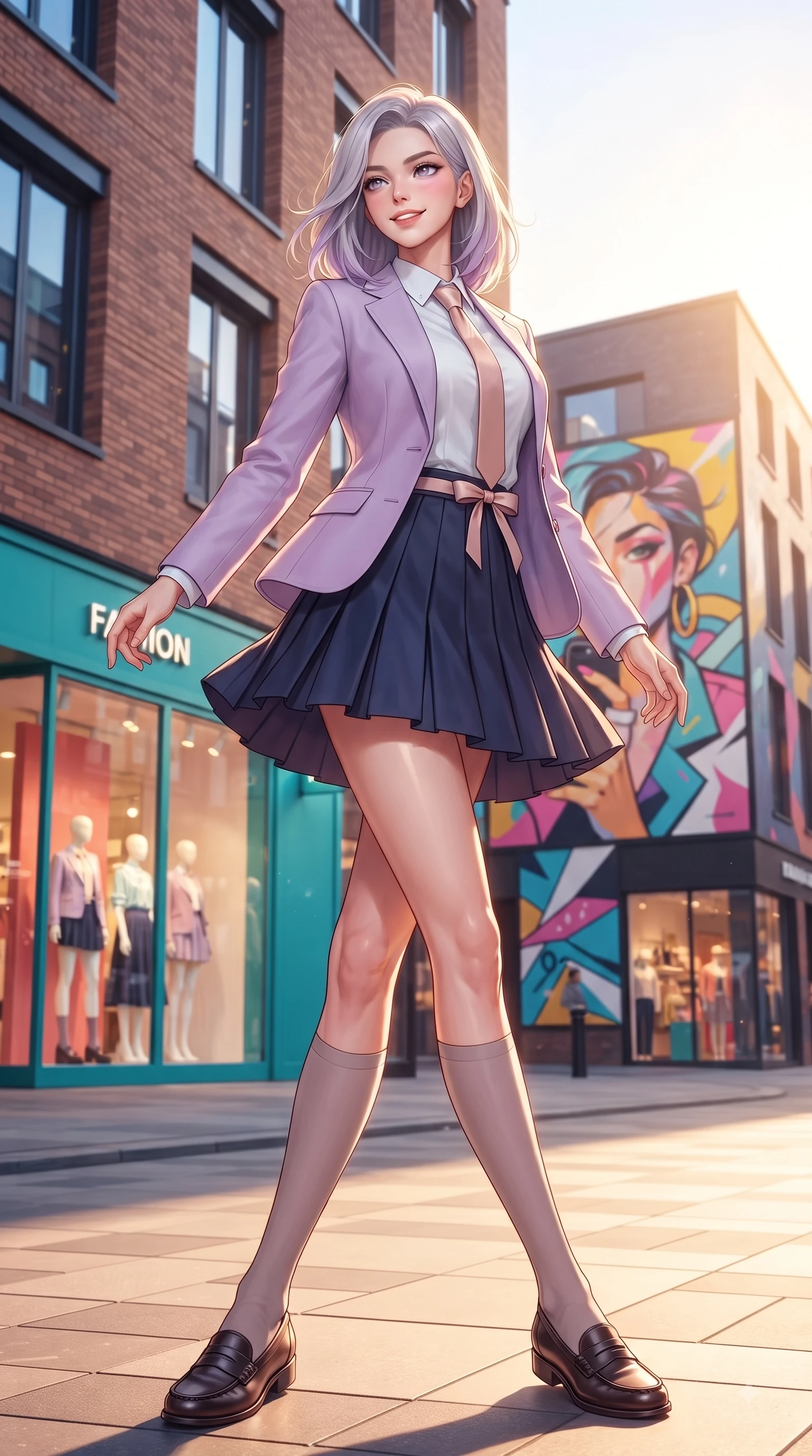 score_9, masterpiece, best quality, ultra-detailed, high-budget anime keyframe, editorial fashion photography, tasteful artistic composition, Caucasian woman. low angle full-body shot from head to toe showing her feet, filling the entire 9:16 vertical frame with her statuesque presence, stretching her vertical silhouette. pivoting dynamically with a fresh infectious smile, her ultra-slim waist creating a sweeping fluid curve while pausing gracefully near a stylish street art mural on a sunny afternoon with a confident cute smile. The surrounding environment is rendered in vivid detail and crisp panoramic clarity. modern brick architecture, vibrant fashion storefronts, and lively street art murals in sharp clarity. She has an absolutely perfect, statuesque 8.5-heads proportion, an exceptionally tall and slender model-like female figure with impossibly long slender legs and an ultra-slim waist. sharp v-shaped jawline, high-bridge nose, intricate jewel-like eyes with depth, thick eyelashes, glossy lips with a natural sheen, flawlessly proportioned anatomical accuracy, natural body alignment, perfectly sculpted elegant limbs, clean dynamic posture without body distortion. wearing a preppy academy blazer over a crisp collared shirt, navy pleated skirt, and a slim necktie in pastel lilac and soft rose gold, crafted from soft breathable linen, accented with a dainty waist ribbon bow, the breezy lightweight fabric fluttering softly against her delicate frame. bathed in bright golden hour sunshine and warm urban ambient illumination. ultra-reflective glossy finish, specular highlights, metallic sheen, high-contrast stereoscopic depth, volumetric dynamic lighting, 2k, ultra detail, master piece, 9:16 ratio