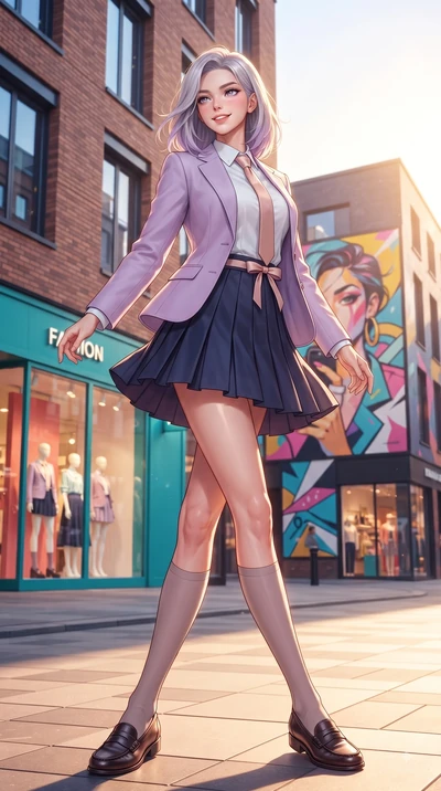 score_9, masterpiece, best quality, ultra-detailed, high-budget anime keyframe, editorial fashion photography, tasteful artistic composition, Caucasian woman. low angle full-body shot from head to toe showing her feet, filling the entire 9:16 vertica