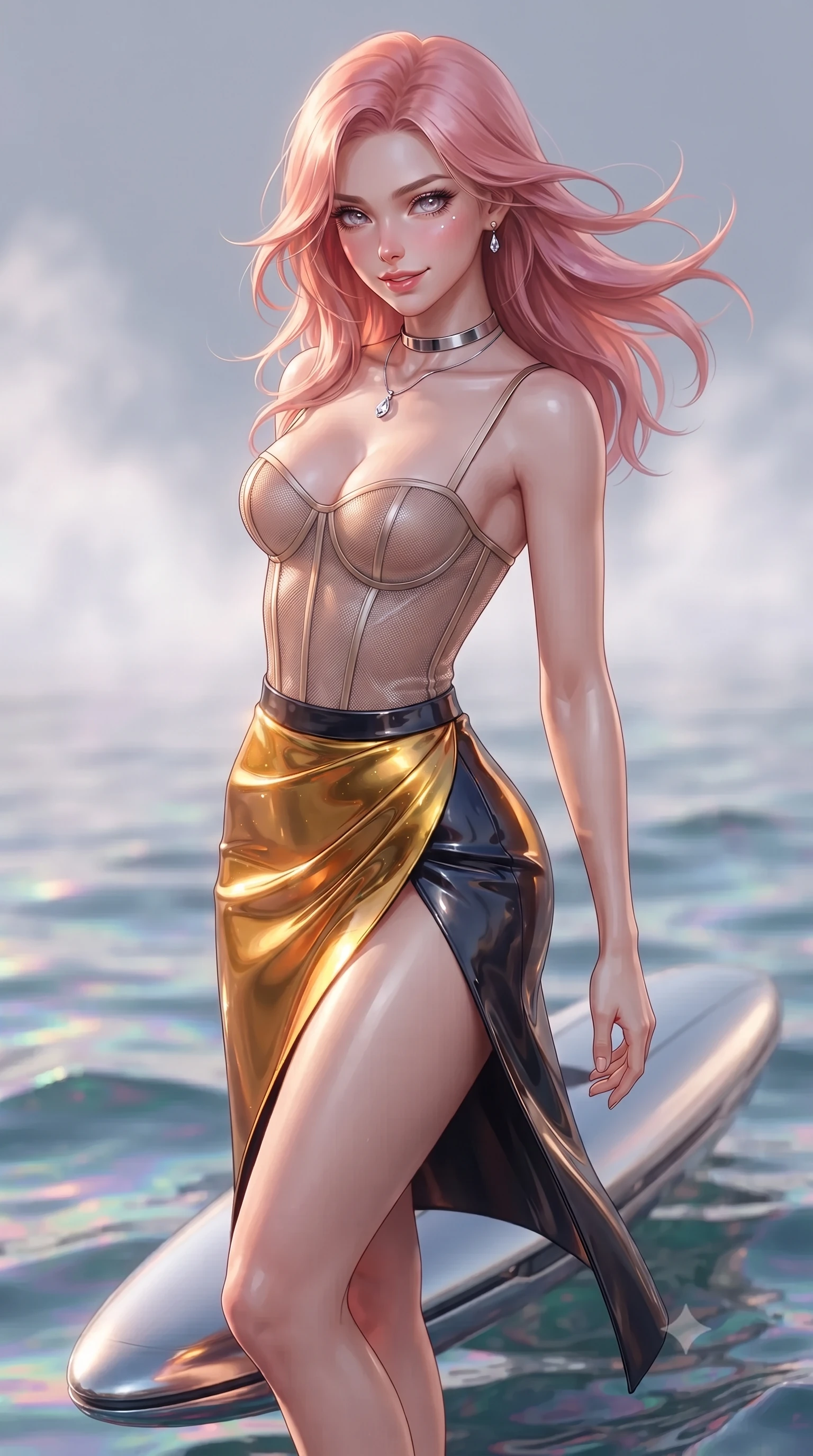 score_9, masterpiece, best quality, ultra-detailed, high-budget anime keyframe, editorial fashion photography, tasteful artistic composition, Japanese woman. close-up cowboy shot from the waist and thighs up, the character dominates the composition, filling the frame with her large presence. turning slowly with an enchanting smoldering smile, her glossy hair tossing in the breeze as her hips angle gracefully in a captivating contrapposto while standing poised on the aerodynamic titanium pontoon suspended over the iridescent waves of the sentient liquid ocean, arching her back with siren allure. The background shows a soft-focus iridescent sea spray mist softened in alien oceanic research station shallow focus. She has an exceptionally elegant, slender, and willowy female figure with an ultra-slim waist, flat toned midriff, narrow ribcage, and sculpted feminine hips creating an alluring, slim hourglass silhouette without bulk. sharp v-shaped jawline, high-bridge nose, intricate jewel-like sparkling eyes with depth, thick eyelashes, glossy parted lips with a natural peach sheen, bright cheerful beaming smile with an enchanting and coquettish sensual glint, exuding both youthful cute charm and seductive allure, flawlessly proportioned anatomical accuracy, strict slender model proportions, natural body alignment, perfectly sculpted long slender limbs, ultra-slim waistline, clean dynamic posture without body distortion. wearing a provocative translucent mesh corset bodice with boned satin channels paired with a sheer chiffon wrap skirt in solar-flare gold and interstellar onyx, tailored from high-gloss patent leather with mirror-like specular highlights, finished with a minimalist chrome choker and a single teardrop diamond pendant, the high-slit wrap tailoring accentuating her ultra-slim waistline and the enchanting curve of her feminine hips with alluring seductive charm. illuminated by chromatic liquid ocean reflection bounce and sharp rose-gold rim lights sculpting her razor-sharp jawline, narrow waist, and curvy hips. ultra-reflective glossy finish, specular highlights, rich textural contrasts, high-contrast stereoscopic depth, volumetric dynamic lighting, 2k, ultra detail, master piece, 9:16 ratio