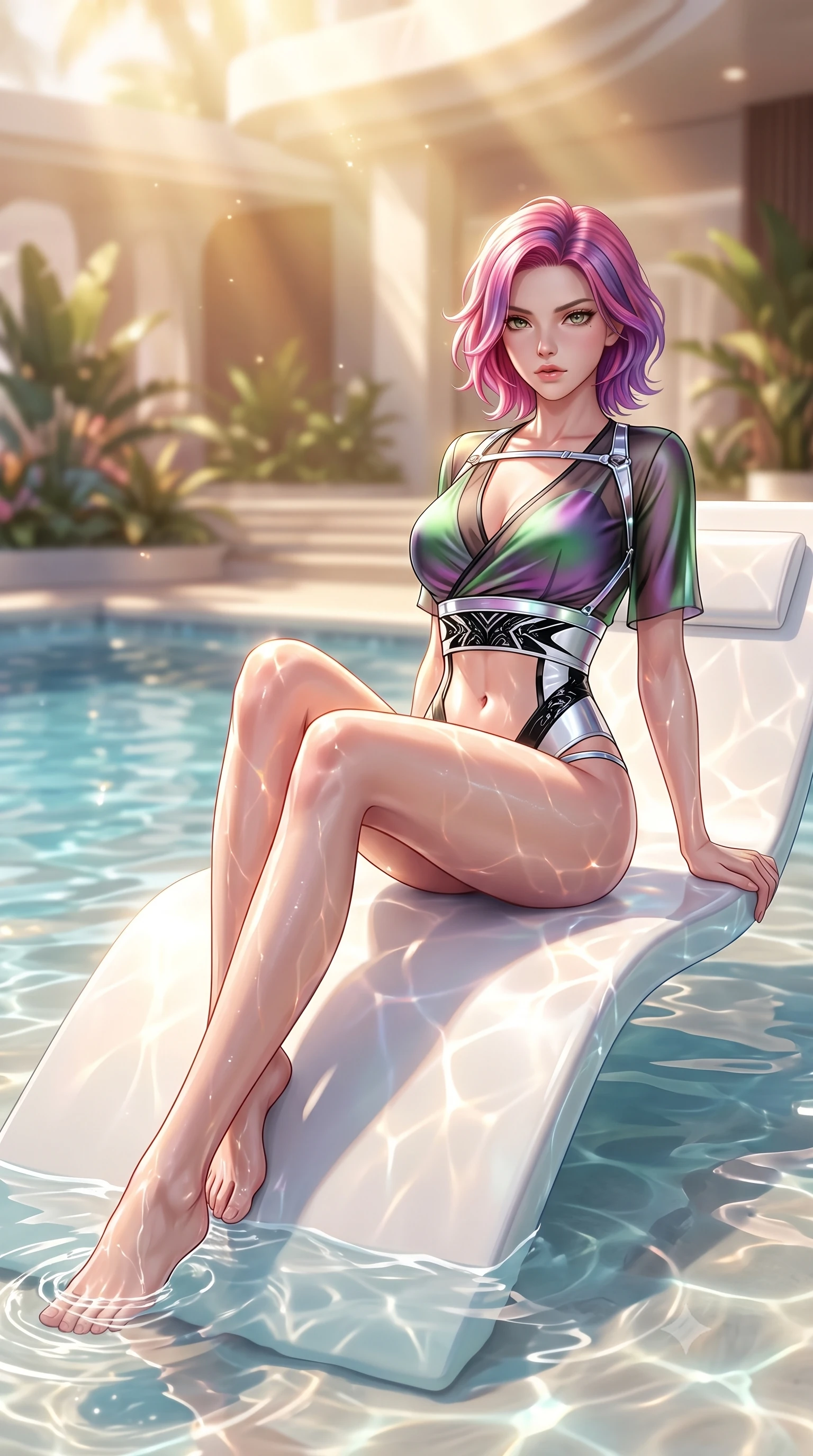 score_9, masterpiece, best quality, ultra-detailed, high-budget anime keyframe, semi-realistic 3D game render, editorial fashion photography, tasteful artistic composition, Caucasian woman. low angle full-body shot from head to toe showing her feet, filling the entire 9:16 vertical frame with her statuesque presence, stretching her vertical silhouette. pivoting dynamically in mid-motion with a breathtakingly alluring posture, displaying her flawless model proportions and ultra-slim waist while lounging gracefully on a floating white lounger as clear shallow water ripples around her slender ankles. The composition keeps background elements in soft focus with creamy bokeh. sparkling sunlight water caustics creating a soft, luminous light curtain in the background. She has an absolutely perfect, statuesque 8.5-heads proportion, an exceptionally tall and slender model-like female figure with impossibly long slender legs, a toned flat midriff, and an ultra-slim waist. sharp v-shaped jawline, high-bridge nose, intricate jewel-like eyes with depth, thick eyelashes, glossy lips with a natural sheen, flawlessly proportioned anatomical accuracy, strict slender model proportions, natural body alignment, perfectly sculpted long slender limbs, ultra-slim waistline, clean dynamic posture without body distortion. wearing a shortened cyber-fusion wrap top with transparent chiffon panels, a deep crossover neckline, and a high-waisted metallic sash that accentuates her ultra-slim waist in high-gloss monochrome white and sharp black contrast, made of smooth iridescent silk chiffon that shifts colors with movement, reinforced by a sleek metallic chrome harness and delicate glowing micro-straps, the glove-like aerodynamic second-skin fit tightly clinging to her ultra-slender waist and athletic curves without adding bulk, accentuating her razor-sharp statuesque lines and slim hourglass silhouette. bathed in warm champagne-gold sunbursts and sparkling aquatic water refractions. highly saturated vibrant anime colors, detailed shading with soft gradients, rich glossy textures, high-contrast stereoscopic depth, volumetric dynamic lighting, master piece, 9:16 ratio