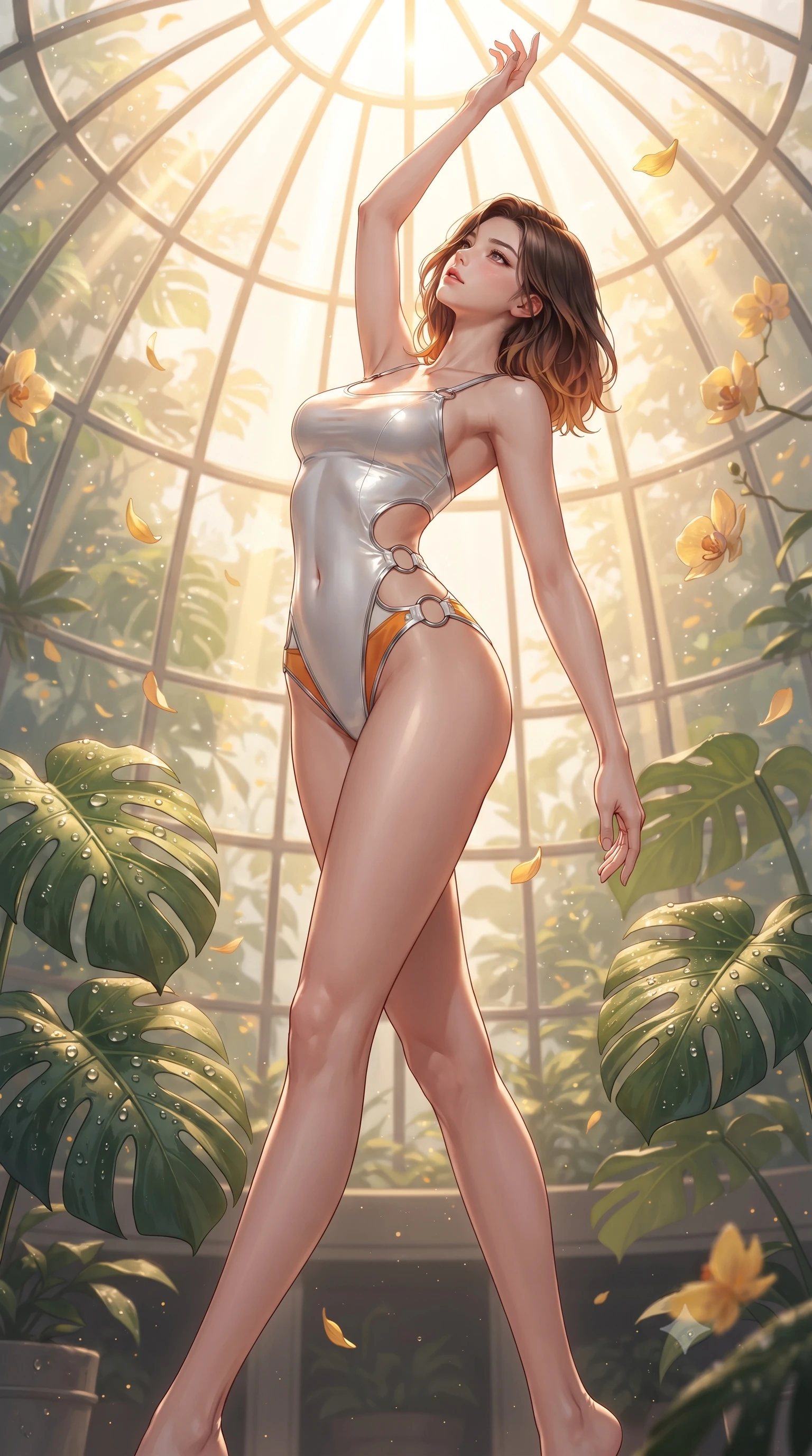 score_9, masterpiece, best quality, ultra-detailed, high-budget anime keyframe, editorial fashion photography, tasteful artistic composition, Korean woman. low angle full-body shot from head to toe showing her feet, filling the entire 9:16 vertical frame with her statuesque presence, stretching her vertical silhouette. arching her back in a fluid zero-gravity turn with sovereign grace, her long slender legs and sculpted torso creating a sweeping line while reaching one arm gracefully toward the streaming sunlight as golden flower petals float past in the warm air. The surrounding environment is rendered in vivid detail and crisp panoramic clarity. intricate crystal glasshouse dome architecture, dewdrop details on Monstera leaves, and golden orchid petals in deep focus. She has an absolutely perfect, statuesque 8.5-heads proportion, an exceptionally tall and slender model-like female figure with impossibly long slender legs, a toned flat midriff, and an ultra-slim waist. sharp v-shaped jawline, high-bridge nose, intricate jewel-like eyes with depth, thick eyelashes, glossy lips with a natural sheen, flawlessly proportioned anatomical accuracy, strict slender model proportions, natural body alignment, perfectly sculpted long slender limbs, ultra-slim waistline, clean dynamic posture without body distortion. wearing a second-skin white liquid-mercury micro-bodysuit sculpted tightly to her slender build, featuring razor-thin metallic straps and hip cutouts in vivid sunset amber orange and cloud white, made of liquid metal jersey that clings flawlessly to every contour of her build, detailed with polished silver rings connecting the daring side-waist cutouts, the liquid-tight tailored fabric emphasizing every curve of her tall, slender model proportions and sculptured silhouette during dynamic movement. surrounded by a bright, pristine, and captivatingly fresh botanical sanctuary atmosphere. ultra-reflective glossy finish, specular highlights, metallic sheen, high-contrast stereoscopic depth, volumetric dynamic lighting, 2k, ultra detail, master piece, 9:16 ratio