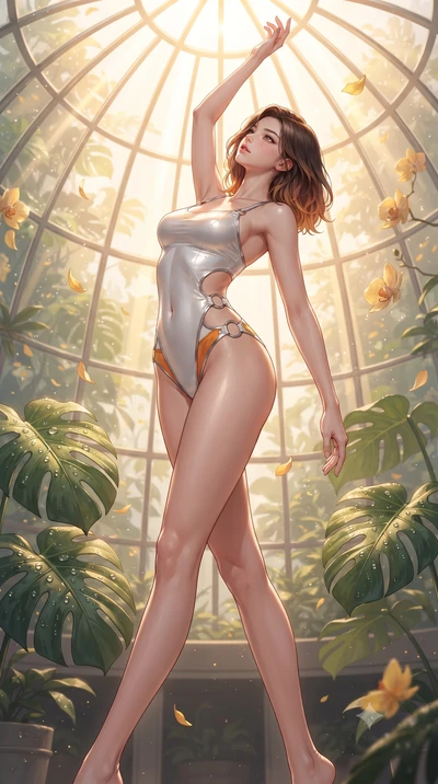 score_9, masterpiece, best quality, ultra-detailed, high-budget anime keyframe, editorial fashion photography, tasteful artistic composition, Korean woman. low angle full-body shot from head to toe showing her feet, filling the entire 9:16 vertical f