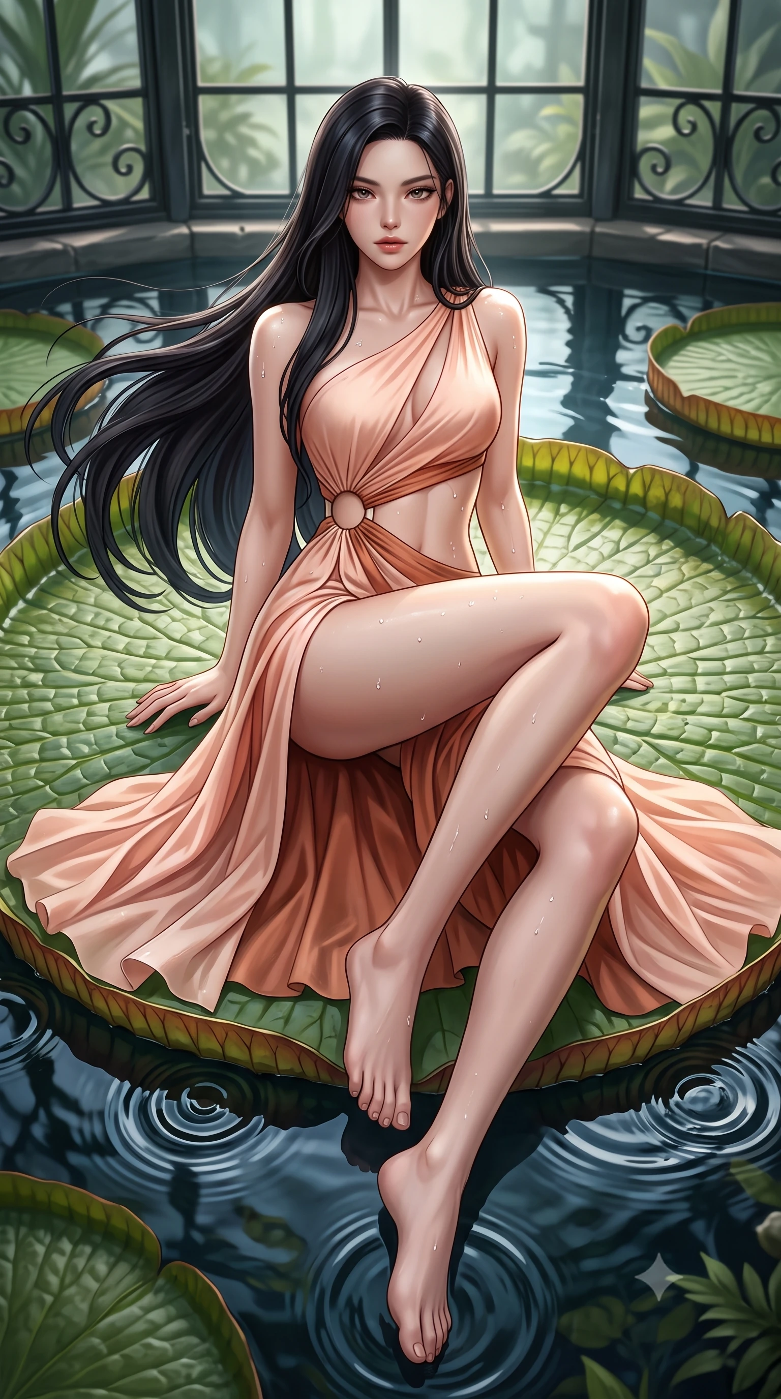 score_9, masterpiece, best quality, ultra-detailed, high-budget anime keyframe, semi-realistic 3D game render, editorial fashion photography, tasteful artistic composition, Korean woman. low angle full-body shot from head to toe showing her feet, filling the entire 9:16 vertical frame with her statuesque presence, stretching her vertical silhouette. reclining on her side in an elegant Cleopatra pose with one knee drawn up, the dramatic contour of her rounded hips and long slender legs commanding the 9:16 vertical frame while reclining face down atop a floating giant Victoria water lily pad with head turned toward the lens, legs playfully bent at the knees to highlight her hip silhouette. The surrounding environment is rendered in vivid detail and crisp panoramic clarity. sharp water surface tension rings, giant lily pad vein textures, and wrought-iron window frames in deep focus. She has an absolutely perfect, statuesque 8.5-heads proportion, an exceptionally tall and slender model-like female figure with impossibly long slender legs, a toned flat midriff, an ultra-slim waist, and beautifully sculpted feminine hips. sharp v-shaped jawline, high-bridge nose, intricate jewel-like eyes with depth, thick eyelashes, glossy parted lips with a natural sheen, intensely captivating and seductive bedroom-eyes expression, flawlessly proportioned anatomical accuracy, strict slender model proportions, natural body alignment, perfectly sculpted long slender limbs, ultra-slim waistline, clean dynamic posture without body distortion. wearing a modern water-nymph one-shoulder gown with an exposed midriff ring cutout and floating chiffon skirt in pale peach blossom and brushed copper, tailored from crisp structured cotton poplin with organic botanical dye, accented with water droplets glistening on her bare collarbones and hips, the form-contouring material adhering flawlessly to her sculpted flat midriff and slender torso, emphasizing her long leg lines and perfectly proportioned willowy build. illuminated by wet specular highlights accentuating her slender neckline, sculpted waist, and rounded hips. highly saturated vibrant anime colors, detailed shading with soft gradients, rich glossy textures, high-contrast stereoscopic depth, volumetric dynamic lighting, master piece, 9:16 ratio