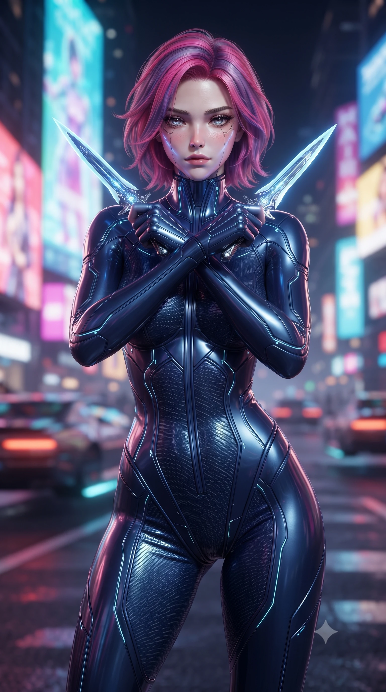 score_9, masterpiece, best quality, ultra-detailed, high-budget anime keyframe, editorial fashion photography, tasteful artistic composition, Caucasian woman. close-up cowboy shot from the waist and thighs up, the character dominates the composition, filling the frame with her large presence, background elements kept in soft focus. holding two energy daggers crossed in front of her elegant collarbone, casting a heavy-lidded, sultry look, the background shows a soft-focus a bustling future metropolis street with towering holographic advertisements. She has an exceptionally elegant, slender, and willowy female figure with an ultra-slim waist, a gracefully sculpted slender torso, and a refined silhouette. sharp v-shaped jawline, high-bridge nose, intricate jewel-like eyes with depth, thick eyelashes, glossy lips with a natural sheen. wearing a form-contouring body-hugging deep navy nano-texturing catsuit decorated with thin, glowing cybernetic circuitry lines. dynamic flashing lights from passing hover-cars casting moving shadows on her face. ultra-reflective glossy finish, specular highlights, metallic sheen, high-contrast stereoscopic depth, volumetric dynamic lighting, 2k, ultra detail, master piece, 9:16 ratio