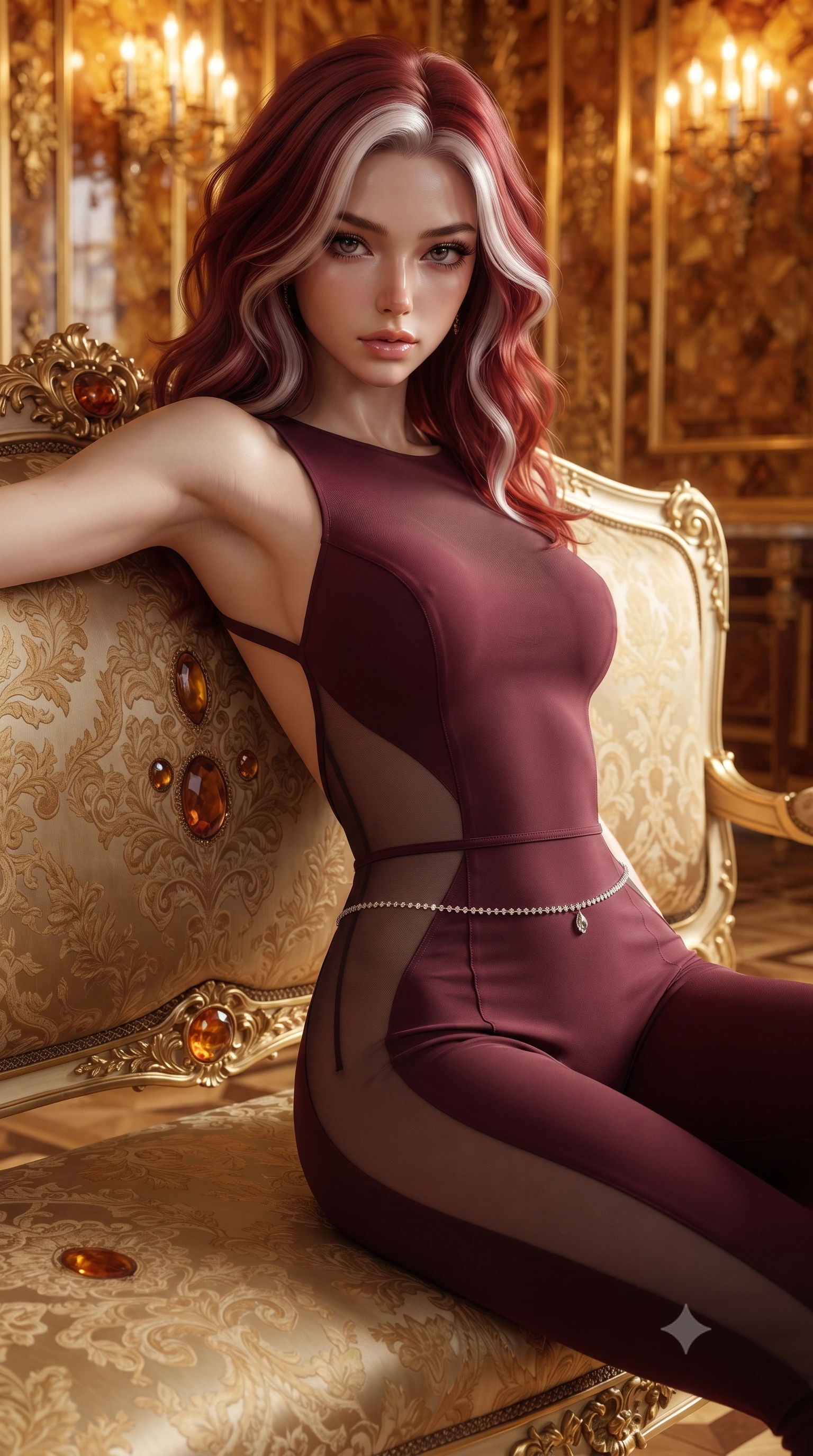 score_9, masterpiece, best quality, ultra-detailed, high-budget anime keyframe, editorial fashion photography, tasteful artistic composition, Caucasian woman. close-up cowboy shot from the waist and thighs up, the character dominates the composition, filling the frame with her large presence. leaning back with relaxed seductive grace, her sculpted collarbones and narrow waist highlighted as she casts smoldering bedroom-eyes directly into the camera while reclining languidly on an antique Russian court settee, her slender waist and feminine curves framed by glowing amber gemstones and gold filigree. The surrounding environment is rendered in vivid detail and crisp panoramic clarity. sharp amber gemstone mosaic seams, carved gold-leaf acanthus reliefs, and parquet floor inlays in deep focus. She has an exceptionally elegant, slender, and willowy female figure with an ultra-slim waist, flat toned midriff, narrow ribcage, and sculpted feminine hips creating an alluring, slim hourglass silhouette without bulk. sharp v-shaped jawline, high-bridge nose, intricate jewel-like eyes with depth, thick eyelashes, glossy parted lips with a natural sheen, intensely captivating and seductive bedroom-eyes expression, flawlessly proportioned anatomical accuracy, strict slender model proportions, natural body alignment, perfectly sculpted long slender limbs, ultra-slim waistline, clean dynamic posture without body distortion. wearing a second-skin compression catsuit with an open back and sheer mesh side waist contouring in deep wine burgundy and brushed dark platinum, made of fluid silk crepe with delicate inner corsetry boning, accented with a dainty diamond waist chain catching the ambient light reflections, the form-contouring material adhering flawlessly to her sculpted flat midriff and slender torso, emphasizing her long leg lines and perfectly proportioned willowy build. bathed in warm opulent candlelight bouncing off polished natural amber panels and gold leaf. ultra-reflective glossy finish, specular highlights, rich textural contrasts, high-contrast stereoscopic depth, volumetric dynamic lighting, 2k, ultra detail, master piece, 9:16 ratio