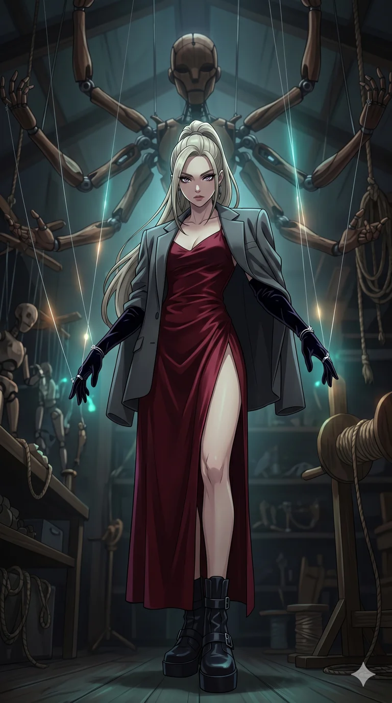 score_9, masterpiece, best quality, ultra-detailed, High-budget Anime Keyframe, beautiful Caucasian anime girl (strictly human ears). Low angle cowboy shot filling the entire 9:16 frame with her statuesque presence. Directing a massive, multi-armed wooden puppet that looms behind her, tied to her fingers by silver threads. She has an absolutely perfect 8-heads proportion, an exceptionally tall and slender female figure with impossibly long slender legs and an ultra-slim waist. Sharp v-shaped jawline, high-bridge nose, intricate jewel-like eyes with depth, thick eyelashes, glossy lips with a natural sheen. Wearing a High-Fashion Editorial outfit: silk slip dress with a dangerously high side slit and velvet gloves. Background is a dark workshop filled with puppet parts and glowing magical strings. 2k, ultra detail, master piece, 9:16 ratio
