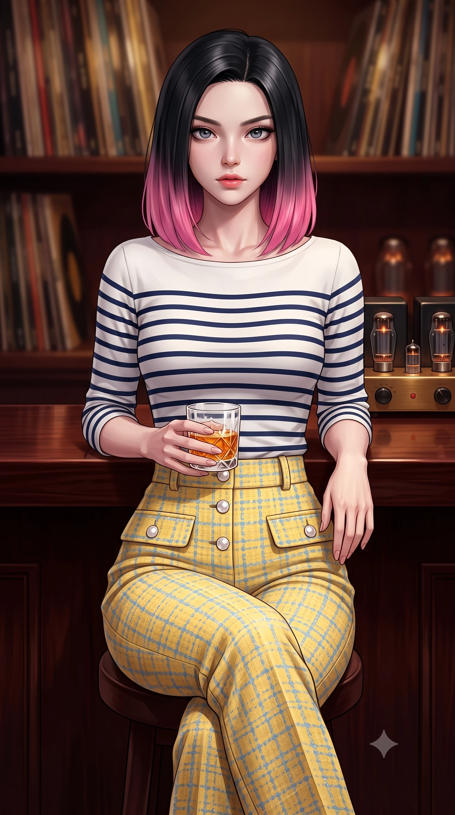 score_9, masterpiece, best quality, ultra-detailed, high-budget anime keyframe, semi-realistic 3D game render, editorial fashion photography, tasteful artistic composition, Korean woman. close-up cowboy shot from the waist and thighs up, the character dominates the composition, filling the frame with her large presence. holding her hands loosely in front with regal, aristocratic poise, radiating an overwhelming high-society aura while sitting at the dark mahogany bar counter of an intimate jazz lounge, holding an amber drink with relaxed, classy elegance. The composition keeps background elements in soft focus with creamy bokeh. walls of vintage vinyl record spines and glowing vacuum tube amplifiers blurred into rich mahogany, amber, and whiskey-gold bokeh. She has an exceptionally elegant, slender, and willowy female figure with an ultra-slim waist, a gracefully sculpted slender torso, toned flat midriff, and a refined slim silhouette. sharp v-shaped jawline, high-bridge nose, intricate jewel-like eyes with depth, thick eyelashes, glossy lips with a natural sheen, captivating and magnetic expression, flawlessly proportioned anatomical accuracy, strict slender model proportions, natural body alignment, perfectly sculpted long slender limbs, ultra-slim waistline, clean dynamic posture without body distortion. wearing a chic French-girl style boatneck Breton striped top paired with high-rise wide-leg sailor trousers in sunny retro canary yellow and sky blue, tailored from fine British wool tweed and comfortable stretch cotton, finished with polished mother-of-pearl buttons and tailored flap pockets, the glove-like aerodynamic second-skin fit tightly clinging to her ultra-slender waist and athletic curves without adding bulk, accentuating her razor-sharp statuesque lines and slim hourglass silhouette. illuminated by soft directional key light defining her high-bridge nose, glossy lips, and slender neckline. highly saturated vibrant anime colors, detailed shading with soft gradients, rich glossy textures, high-contrast stereoscopic depth, volumetric dynamic lighting, master piece, 9:16 ratio