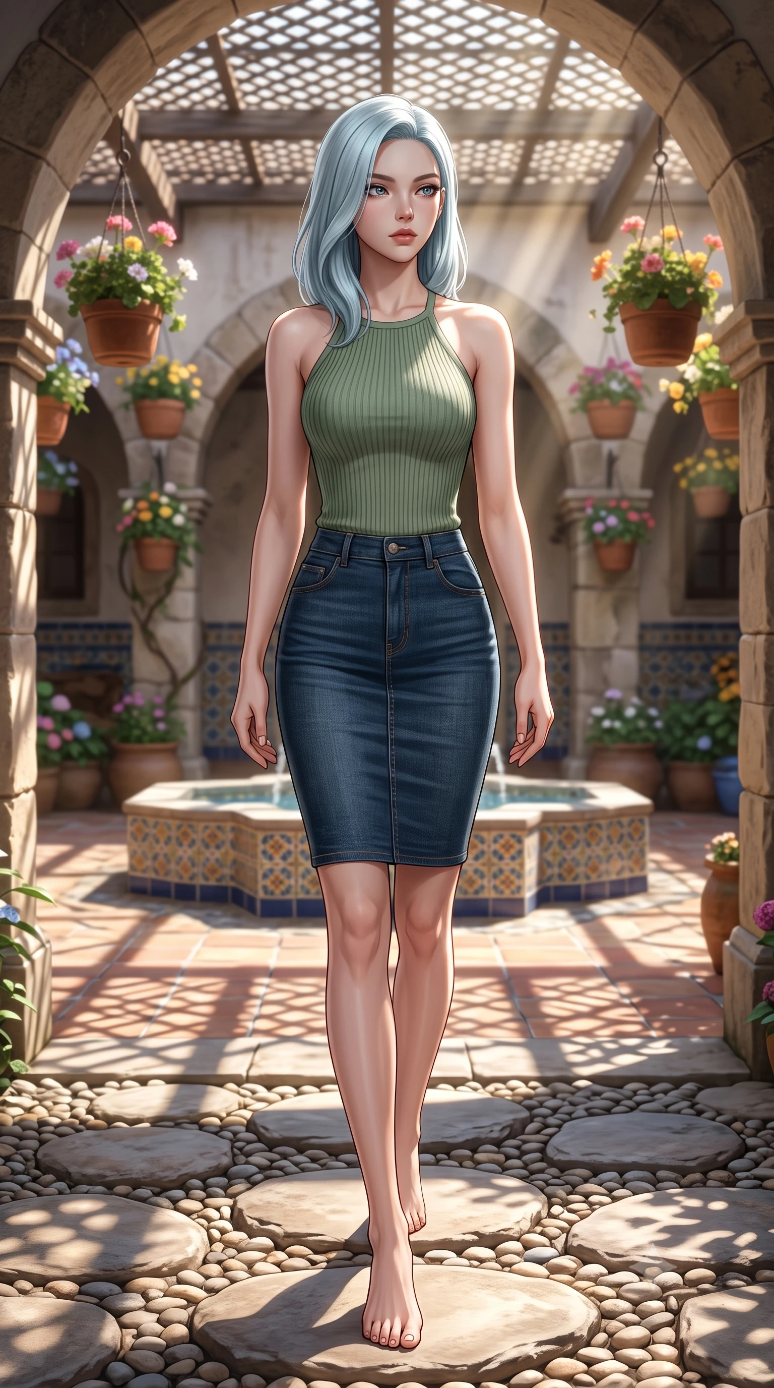 score_9, masterpiece, best quality, ultra-detailed, high-budget anime keyframe, editorial fashion photography, tasteful artistic composition, Korean woman woman. low angle full-body shot from head to toe showing her feet, filling the entire 9:16 vertical frame with her statuesque presence, stretching her vertical silhouette. stepping gracefully across a stone path in the garden the background shows a soft-focus a central courtyard with a tiled fountain, arches, and hanging flower pots. She has an absolutely perfect, statuesque 8.5-heads proportion, an exceptionally tall and slender model-like female figure with impossibly long slender legs and an ultra-slim waist. sharp v-shaped jawline, high-bridge nose, intricate jewel-like eyes with depth, thick eyelashes, glossy lips with a natural sheen. wearing a slim-fit form-fitting ribbed knit halter top in sage green, paired with a tight denim pencil skirt. bright afternoon sunbeams casting high-contrast arch shadows on the tiled floor. 2k, ultra detail, master piece, 9:16 ratio