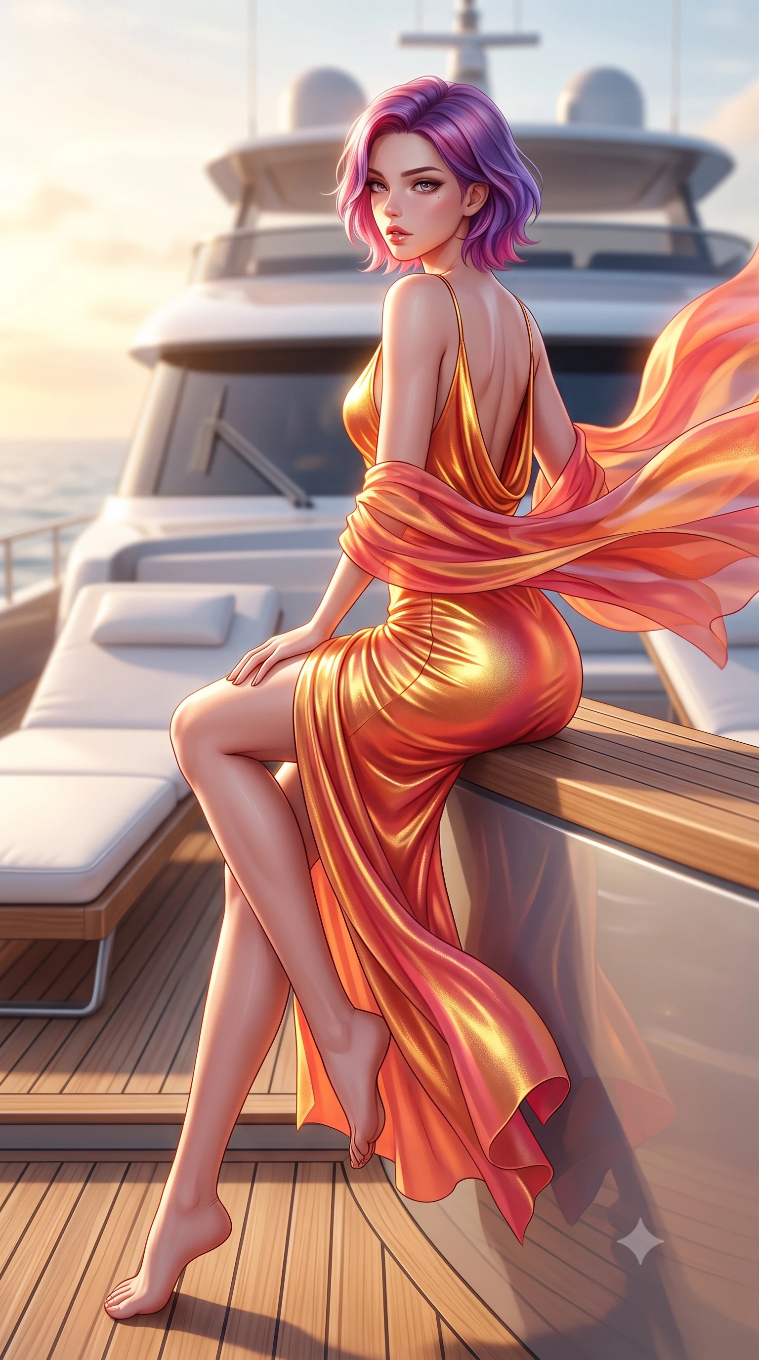 score_9, masterpiece, best quality, ultra-detailed, high-budget anime keyframe, semi-realistic 3D game render, editorial fashion photography, tasteful artistic composition, Caucasian woman. low angle full-body shot from head to toe showing her feet, filling the entire 9:16 vertical frame with her statuesque presence, stretching her vertical silhouette. sitting perched on the elevated ledge with hips angled toward the camera and legs crossed, displaying her toned midriff and flawlessly sculpted slender limbs while striding across the teak deck before pausing to pivot her hips in an alluring 3/4 rear view, sea breeze fluttering her form-fitting garments. The composition keeps background elements in soft focus with creamy bokeh. sleek yacht superstructure and white leather loungers softened in dreamy cinematic focus. She has an absolutely perfect, statuesque 8.5-heads proportion, an exceptionally tall and slender model-like female figure with impossibly long slender legs, a toned flat midriff, an ultra-slim waist, and beautifully sculpted feminine hips. sharp v-shaped jawline, high-bridge nose, intricate jewel-like eyes with depth, thick eyelashes, glossy parted lips with a natural sheen, intensely captivating and seductive bedroom-eyes expression, flawlessly proportioned anatomical accuracy, strict slender model proportions, natural body alignment, perfectly sculpted long slender limbs, ultra-slim waistline, clean dynamic posture without body distortion. wearing a liquid gold lamé slip dress with an ultra-deep cowl back and body-contouring hip silhouette in vibrant sunset coral and molten gold, woven from fine organic mulberry silk with metallic gold thread, complemented by a breezy silk chiffon shawl billowing in the sea wind, the precision-cut side openings and low-back scoop framing her graceful spine and the sensual sweep of her hips. surrounded by an opulent, sun-drenched, and breathtakingly seductive jet-set heiress aura. highly saturated vibrant anime colors, detailed shading with soft gradients, rich glossy textures, high-contrast stereoscopic depth, volumetric dynamic lighting, master piece, 9:16 ratio