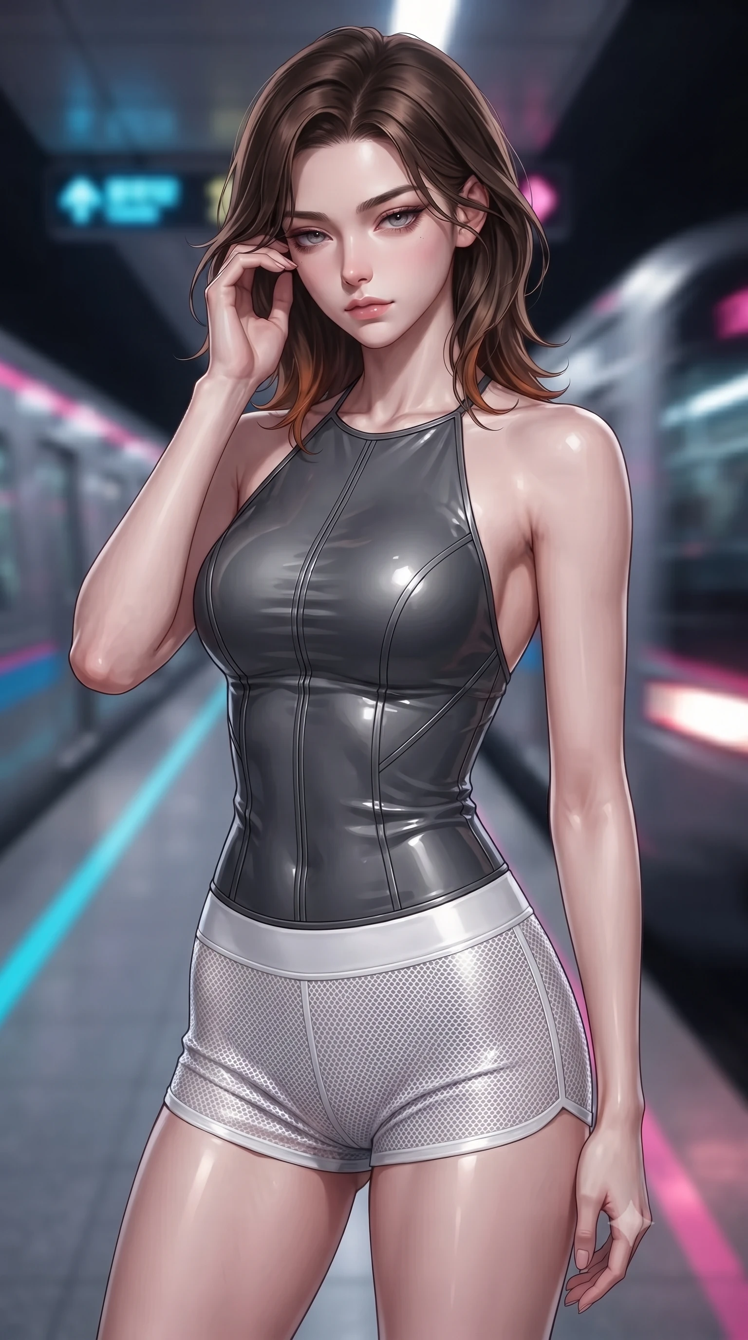 score_9, masterpiece, best quality, ultra-detailed, high-budget anime keyframe, editorial fashion photography, tasteful artistic composition, Korean woman. close-up cowboy shot from the waist and thighs up, the character dominates the composition, filling the frame with her large presence, background elements kept in soft focus. gently touching the side of her temple, casting a heavy-lidded, sultry look past the camera, the background shows a soft-focus a subterranean transit station with neon lane markers and moving hyper-trains. She has an exceptionally elegant, slender, and willowy female figure with an ultra-slim waist, a gracefully sculpted slender torso, and a refined silhouette. sharp v-shaped jawline, high-bridge nose, intricate jewel-like eyes with depth, thick eyelashes, glossy lips with a natural sheen. wearing a form-contouring backless combat halter top in charcoal grey, paired with white carbon-mesh micro-shorts. intermittent bright white headlight beams flashing across her athletic form. ultra-reflective glossy finish, specular highlights, metallic sheen, high-contrast stereoscopic depth, volumetric dynamic lighting, 2k, ultra detail, master piece, 9:16 ratio