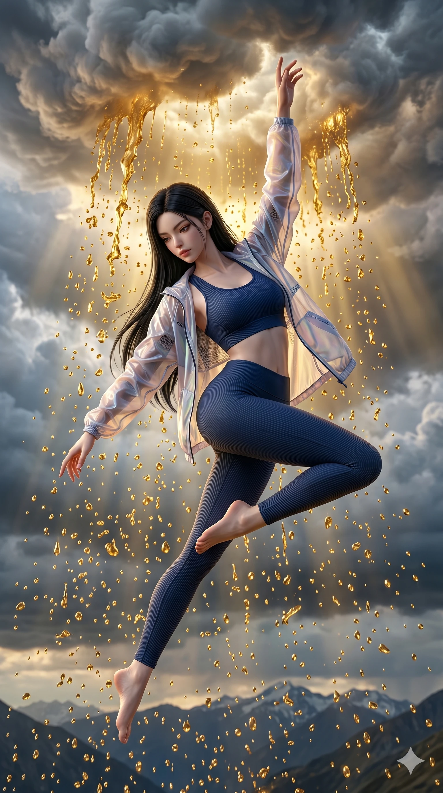 score_9, masterpiece, best quality, ultra-detailed, photorealistic 8k CG, hyper-detailed textures, ray-tracing, Korean woman. Mid-air action shot capturing a graceful twist and vertical silhouette. commanding a rain of liquid gold to fall from the clouds. She has an absolutely perfect 8-heads proportion, an exceptionally tall and slender female figure with an ultra-slim waist and impossibly long slender legs. strictly human anatomy, two legs only, no extra limbs, clearly defined legs and arms, perfect anatomy, perfect hands and fingers. sharp v-shaped jawline, high-bridge nose, intricate jewel-like eyes, thick eyelashes, glossy lips. Wearing Premium Athleisure: Ribbed sports bra and leggings set, sheer windbreaker, and sleek high-performance activewear. The scene is illuminated by dramatic atmospheric lighting and vibrant color palettes. , 2k, ultra detail, master piece, 9:16 ratio